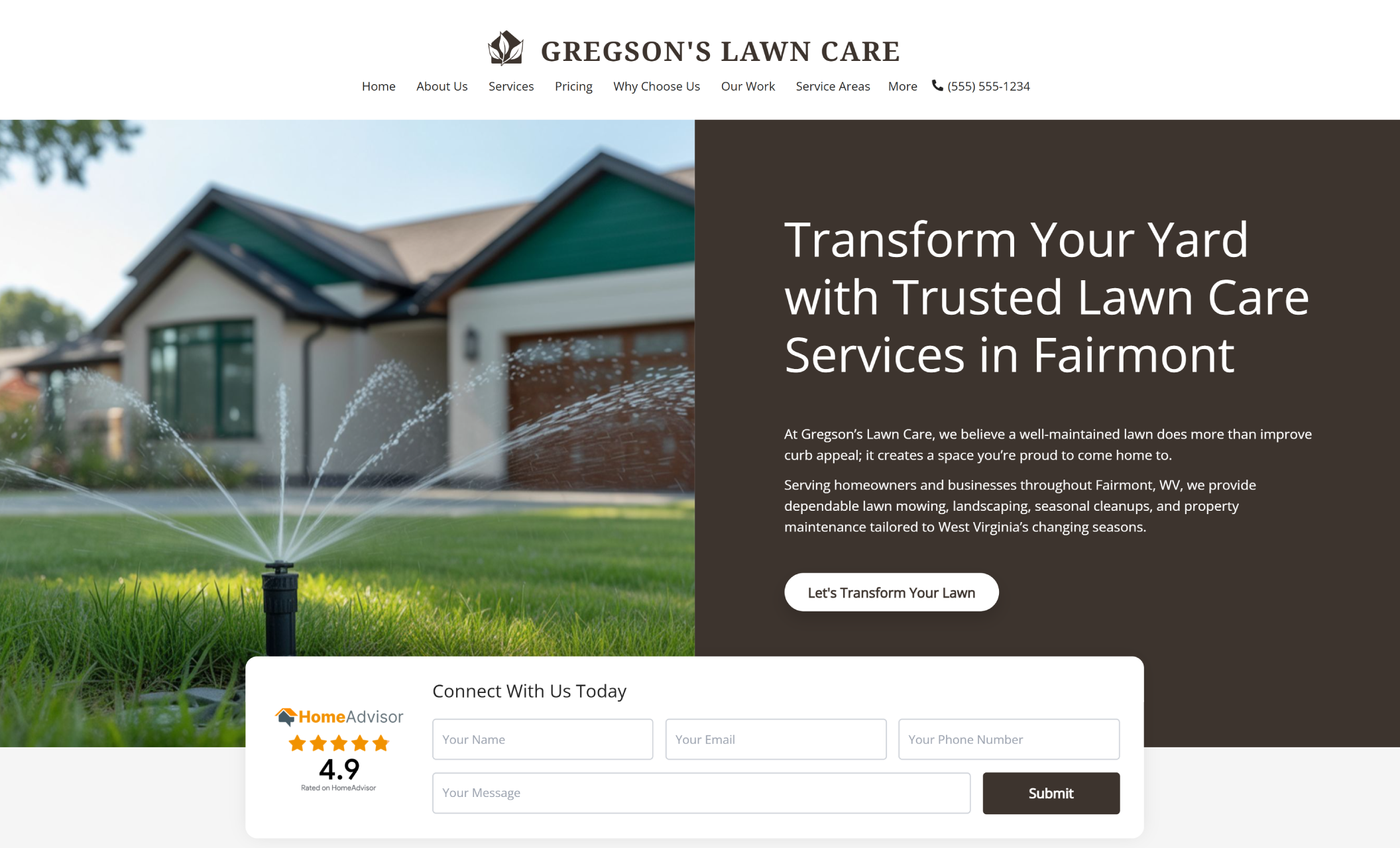 Gregson’s Lawn Care homepage hero featuring a sprinkler watering a lush front yard beside the headline “Transform Your Yard with Trusted Lawn Care Services in Fairmont” and a light button that reads “Let’s Transform Your Lawn.”