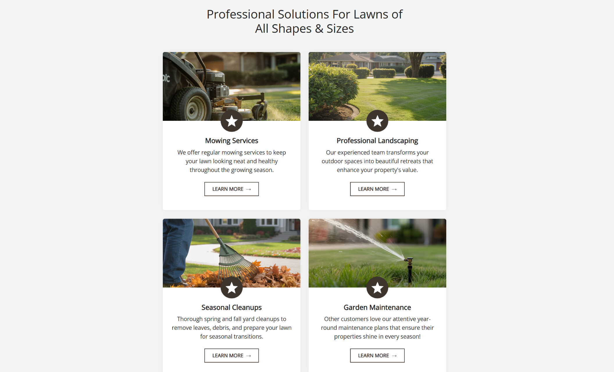 Gregson’s Lawn Care services section labeled “Professional Solutions For Lawns of All Shapes & Sizes,” displaying service cards for Mowing Services, Professional Landscaping, Seasonal Cleanups, and Garden Maintenance with Learn More buttons