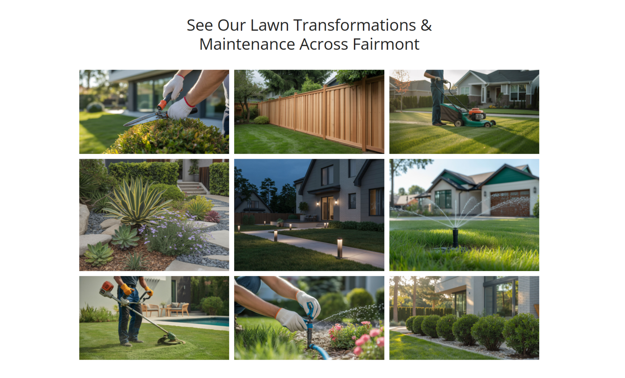 Gregson’s Lawn Care gallery section titled “See Our Lawn Transformations & Maintenance Across Fairmont,” featuring a grid of nine images including hedge trimming, fence installation, mowing stripes, landscape lighting, sprinkler systems, and neatly edged lawns