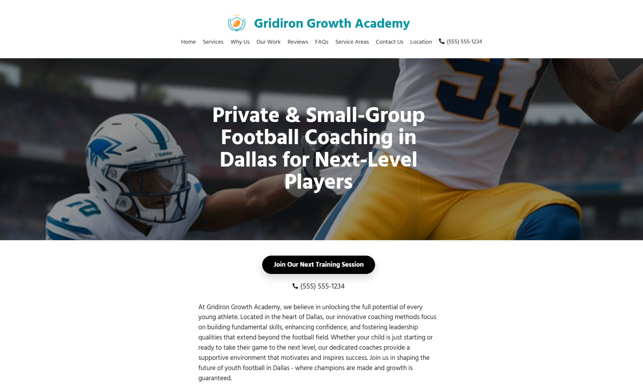 Gridiron Growth Academy homepage featuring a dramatic, close-up action shot of football players in mid-game behind the headline “Private & Small-Group Football Coaching in Dallas for Next-Level Players” with a bold black button that says “Join Our Next Training Session.”