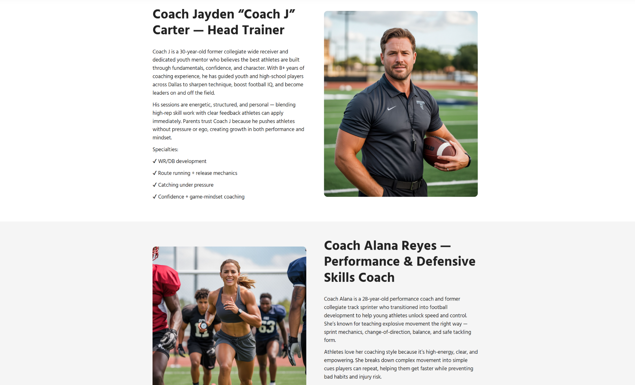 Gridiron Growth Academy coaching staff section displaying Coach Jayden “Coach J” Carter holding a football on the field beside a detailed bio, followed by an action photo of Coach Alana Reyes leading young athletes through sprint drills next to her performance and defensive skills coaching description