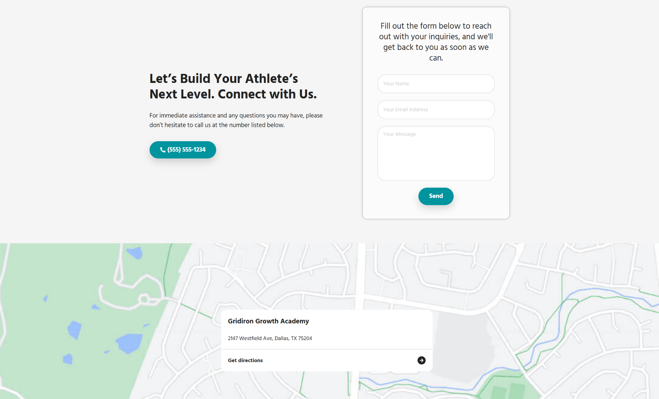 Gridiron Growth Academy contact section showing a teal call-to-action button, a clean white inquiry form, and a large map background highlighting the academy’s Dallas location with an address card labeled “Get directions.”