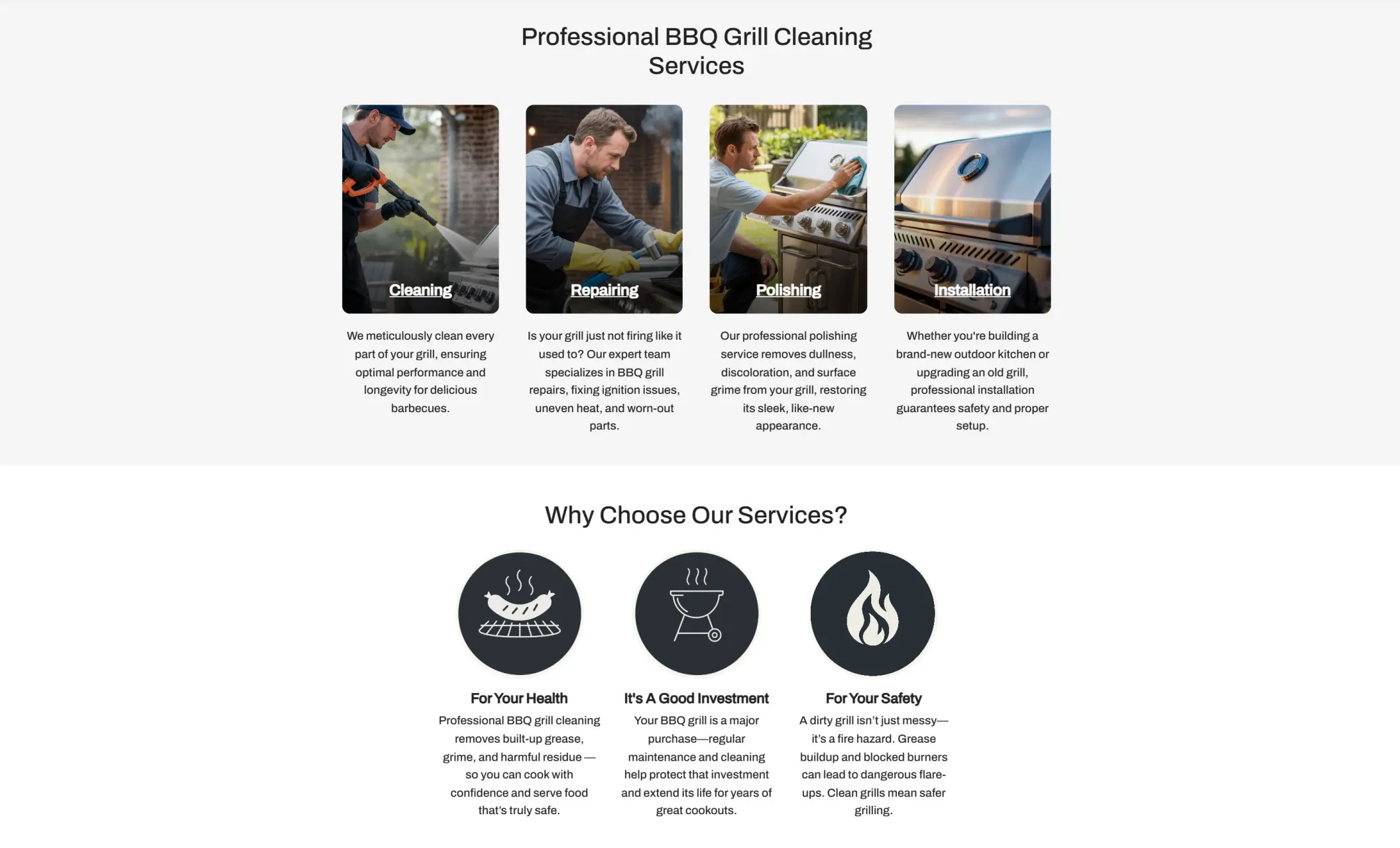 Grill Grit Cleaners' website displaying services and a "Why Choose Our Services?" section