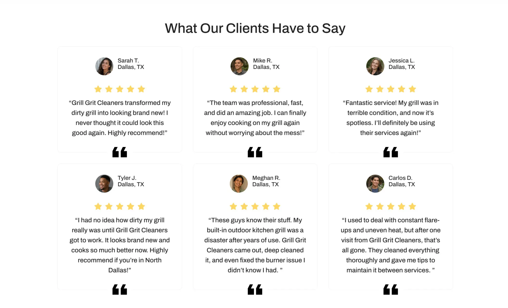 Grill Grit Cleaners' website displaying client testimonials