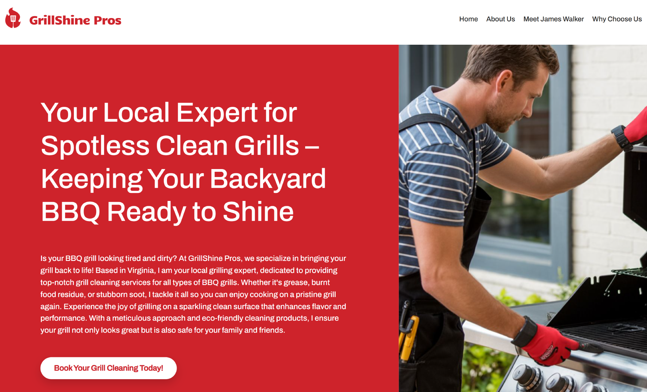 GrillShine Pros homepage featuring a man in red gloves cleaning a stainless steel grill beside a bold red headline that reads “Your Local Expert for Spotless Clean Grills – Keeping Your Backyard BBQ Ready to Shine” and a white button prompting visitors to book a cleaning