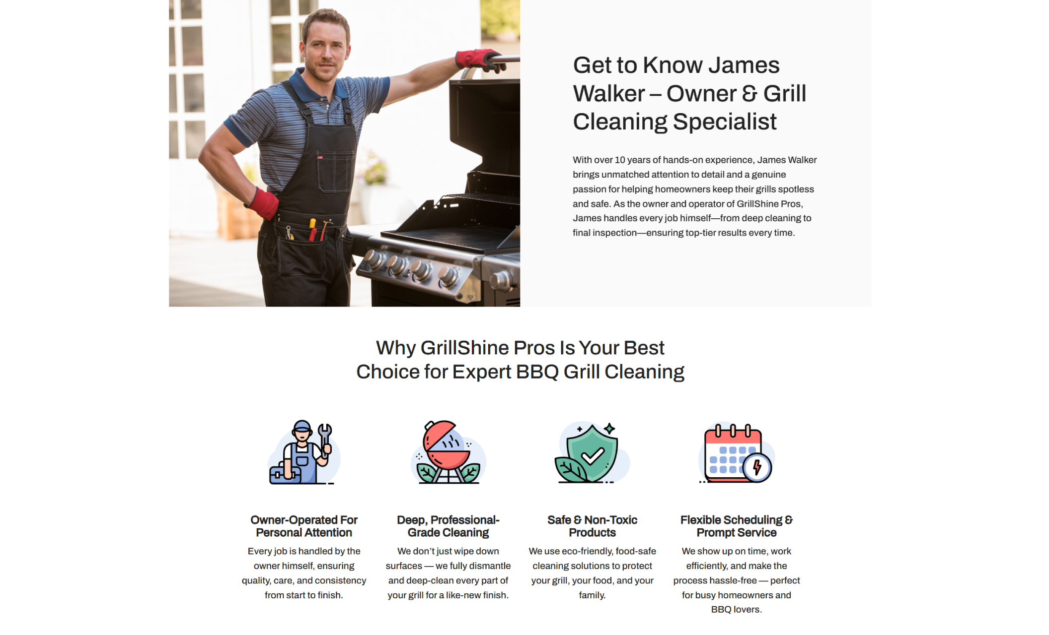 Portrait of James Walker standing confidently next to a grill with tools in hand, paired with a personal introduction highlighting over 10 years of grill cleaning experience