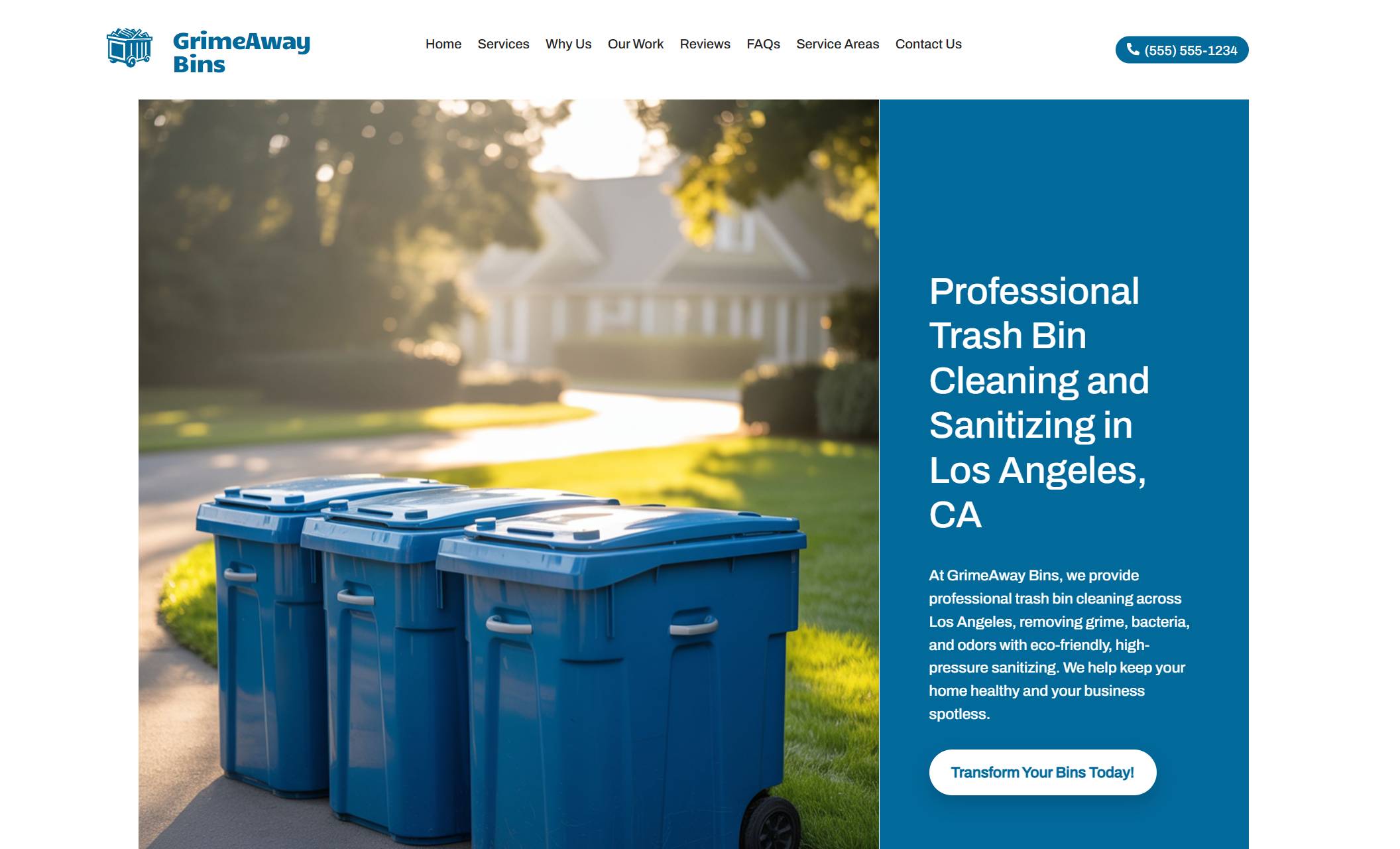 Homepage of GrimeAway Bins highlighting three blue bins on a sunny suburban street beside the headline “Professional Trash Bin Cleaning and Sanitizing in Los Angeles, CA” and a bright blue call-to-action button labeled “Transform Your Bins Today.”
