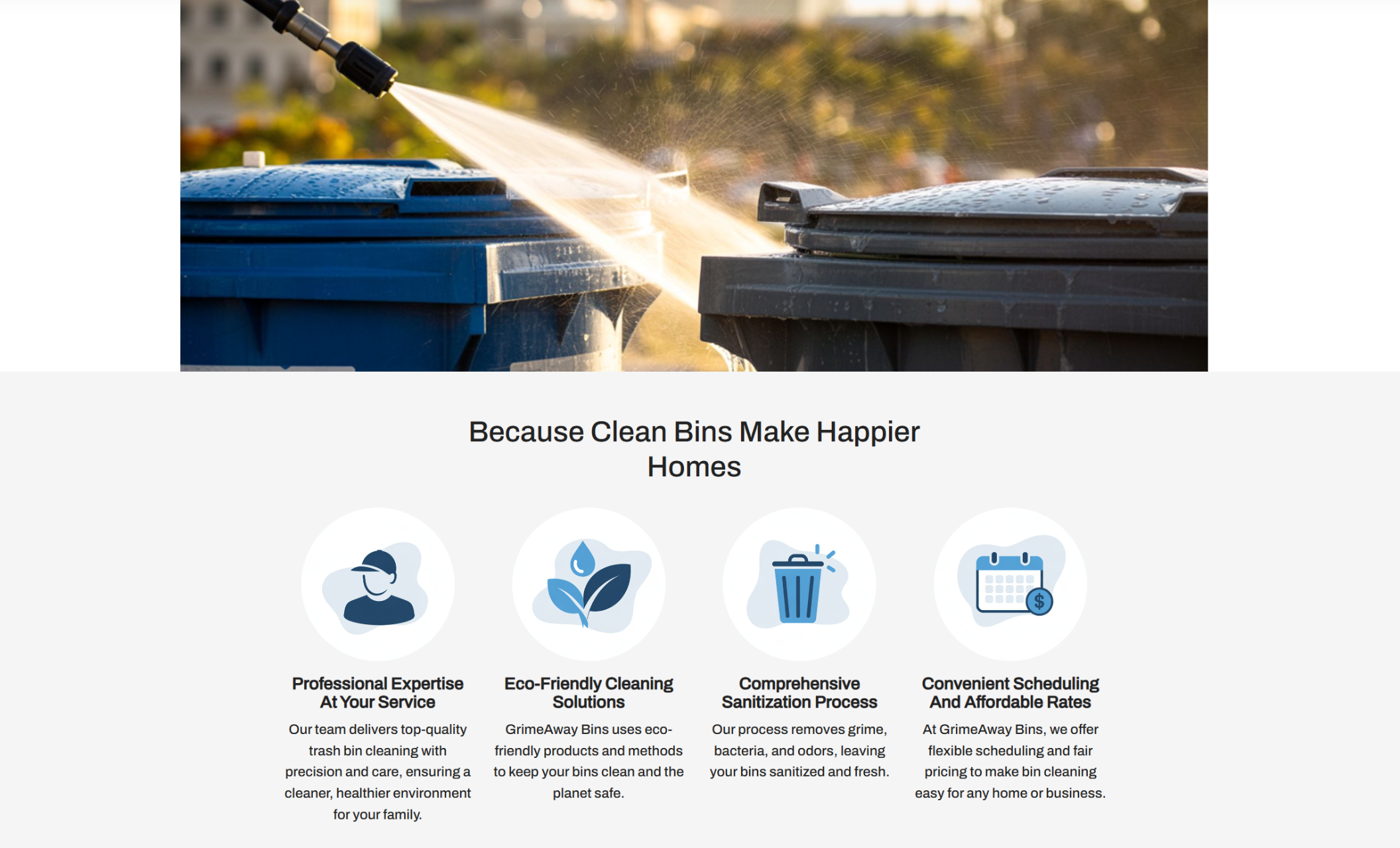 Feature section from GrimeAway Bins with the headline “Transform Your Trash Experience with GrimeAway Bins,” showing a green recycling bin next to text about eco-friendly, high-pressure sanitizing services and a blue “Book Your Trash Bin Cleaning” button