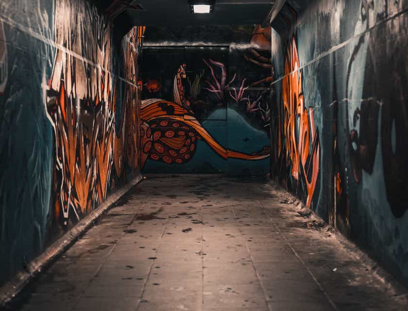 Een donkere gang met grunge graffiti op de muren.