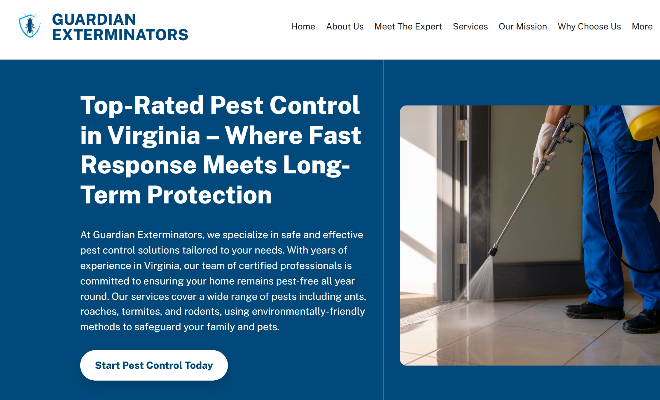 Guardian Exterminators homepage showing a technician in blue coveralls spraying near a doorway, beside the headline “Top-Rated Pest Control in Virginia – Where Fast Response Meets Long-Term Protection” and a white button that says “Start Pest Control Today.”