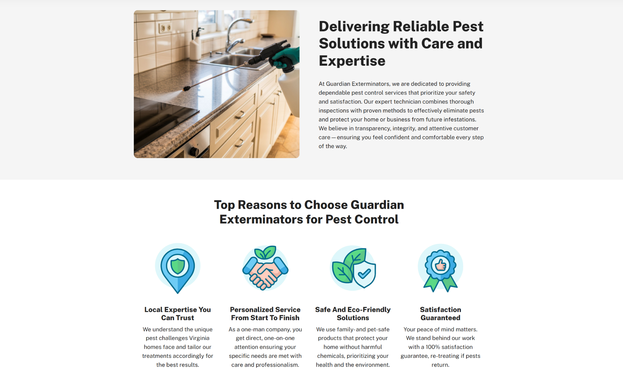 Close-up image of a gloved technician using a pest control sprayer on a granite kitchen countertop, beside the headline “Delivering Reliable Pest Solutions with Care and Expertise.”