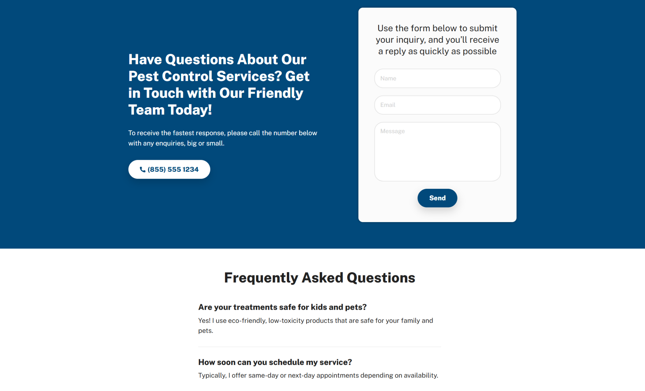 Contact section with a bold callout that says “Have Questions About Our Pest Control Services?” alongside a phone number and a message form encouraging users to get in touch with Guardian Exterminators
