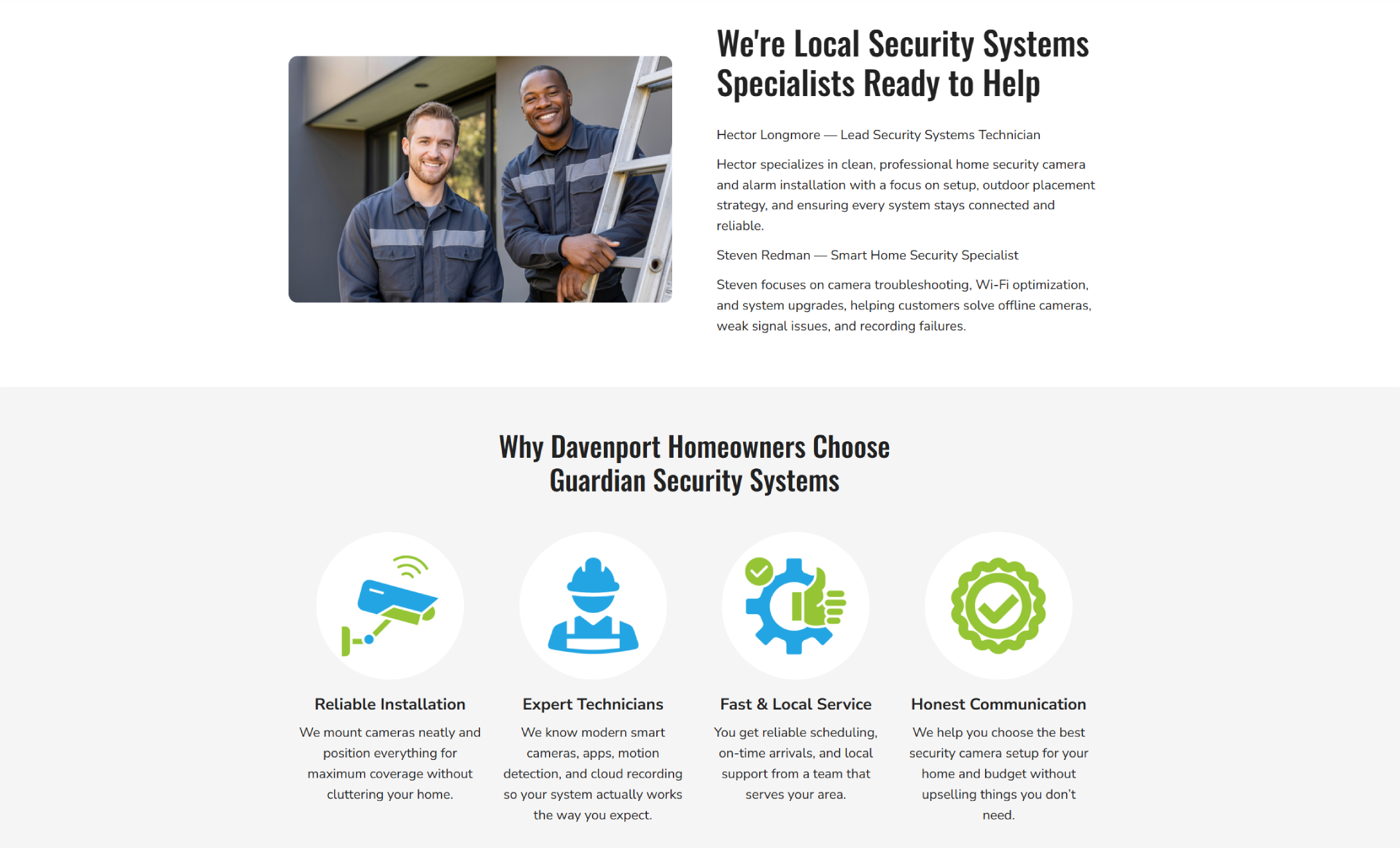 Guardian Security Systems about section with a team photo of two uniformed technicians next to the headline “We’re Local Security Systems Specialists Ready to Help,” followed by a benefits row titled “Why Davenport Homeowners Choose Guardian Security Systems” with four icon features