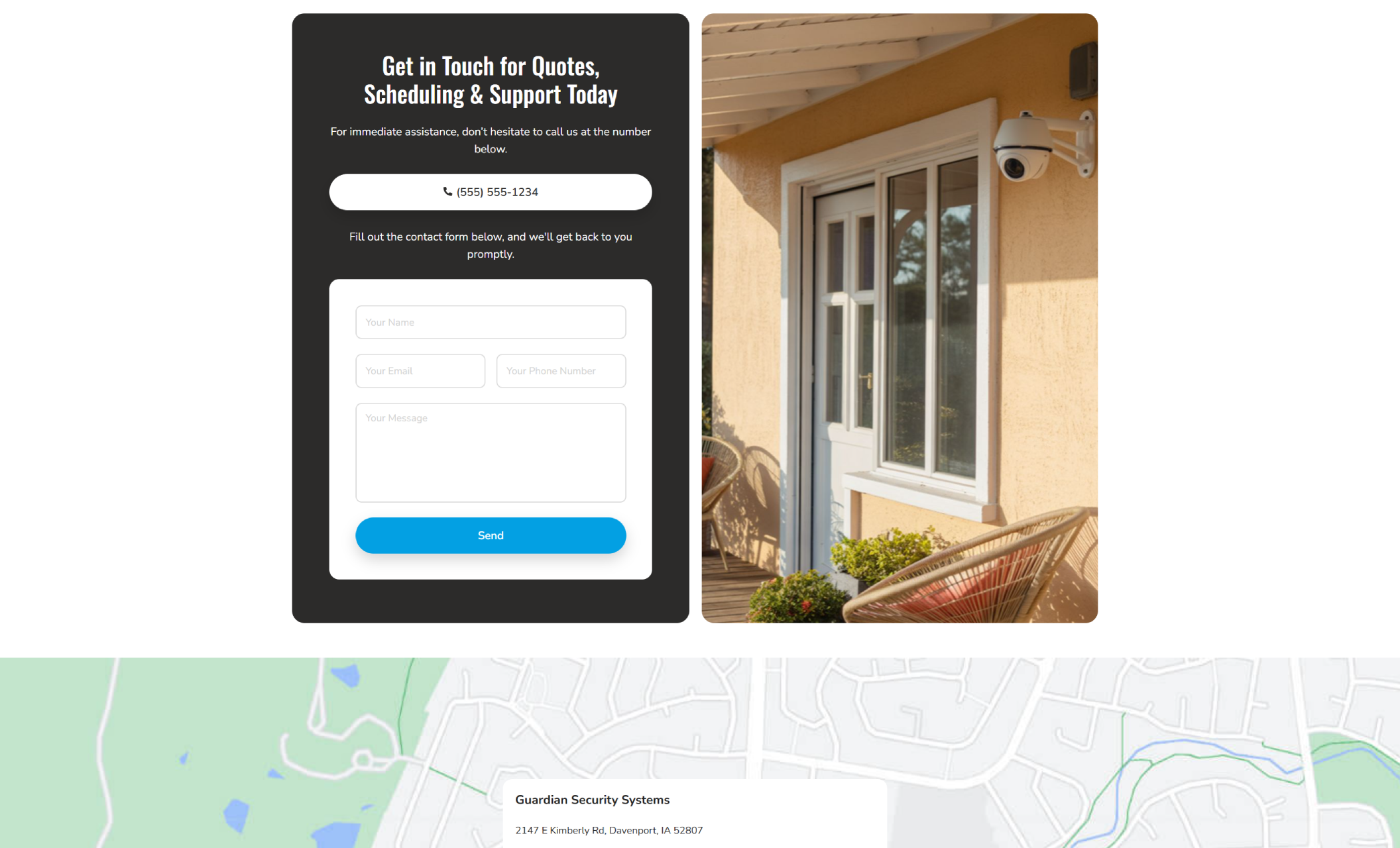 Guardian Security Systems contact section featuring the headline “Get in Touch for Quotes, Scheduling & Support Today” with a large contact form and call button on the left beside a sunny exterior home photo with a mounted security camera