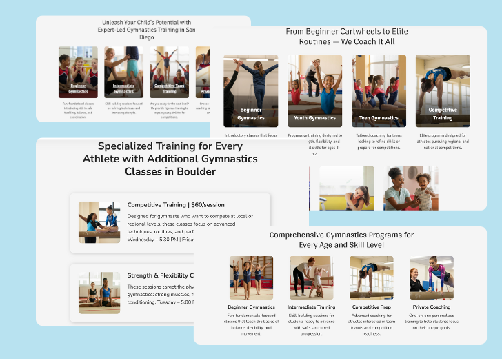 A collage of services section generated by Zarla showing different styles of service items, all having a picture, a title, and a brief description