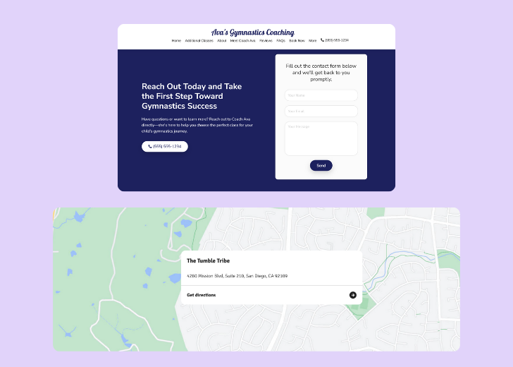 A screenshot of a header with navigation pills with contact number, a blue-colored primary button with contact number, and a 2D depiction of a map with a business address in the center