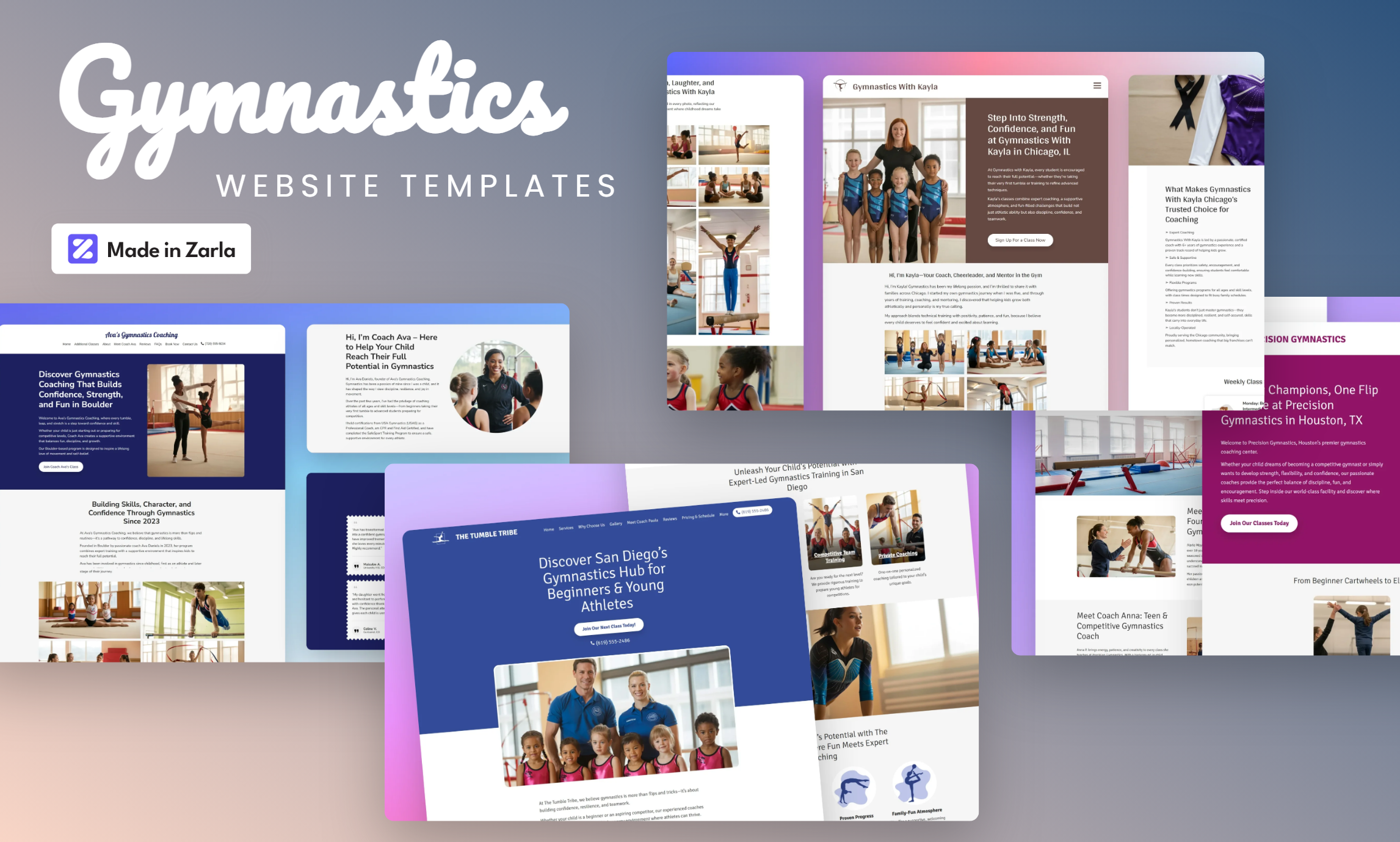 Collection of gymnastics website templates created with Zarla
