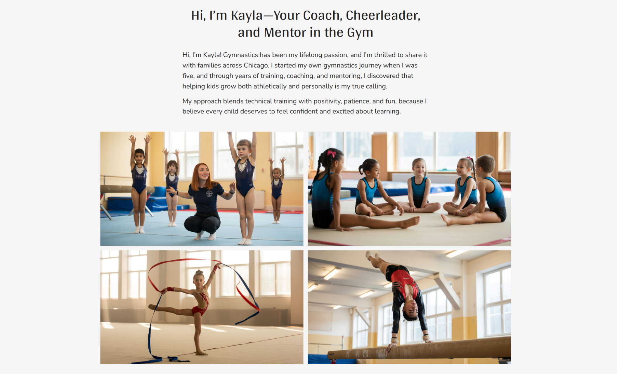 Gymnastics With Kayla “Meet the Coach” section showing Kayla kneeling with young gymnasts in a training gym, surrounded by action photos of children practicing routines and smiling in class.
