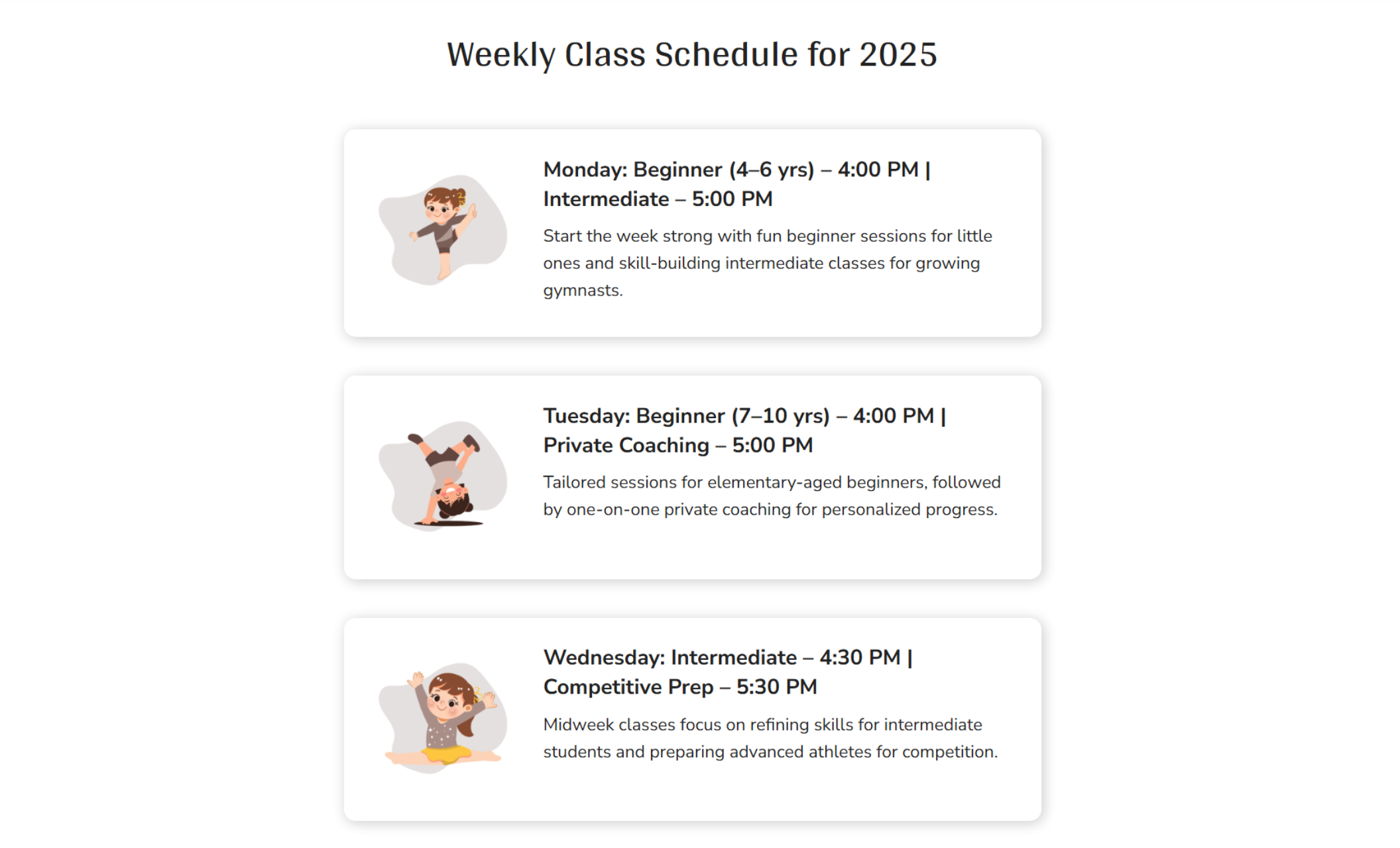 Gymnastics With Kayla weekly class schedule section featuring illustrated icons of children doing gymnastics, alongside listed times for beginner, intermediate, private coaching, and competitive prep sessions