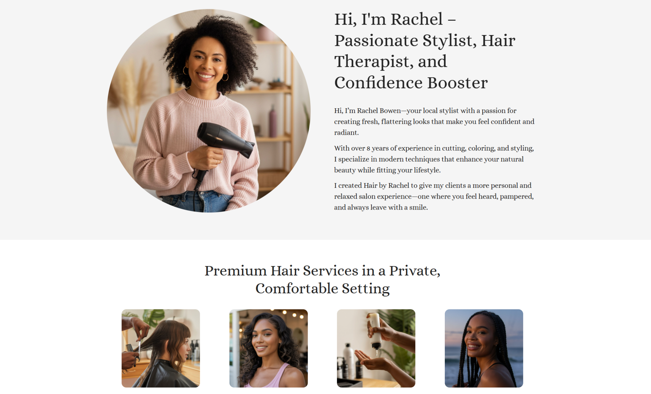 Meet Rachel section introducing the stylist with a smiling portrait of Rachel holding a hairdryer beside her bio, followed by a three-column layout displaying premium hair services with photo tiles of women receiving salon care