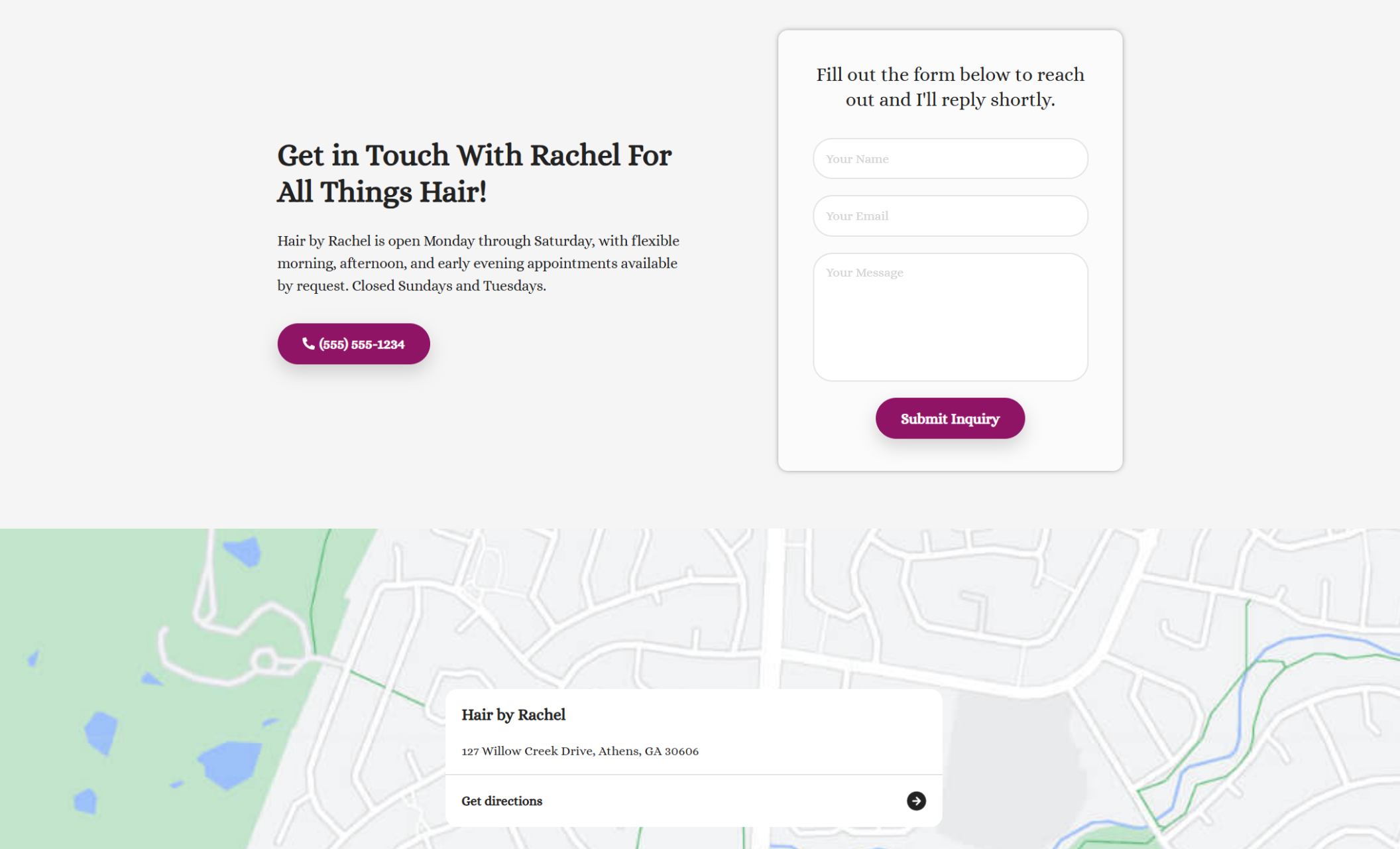 Alt Text: Contact page featuring a map location, a call-to-action that says “Get in Touch With Rachel For All Things Hair!”, and a styled form encouraging visitors to send a message or book a consultation