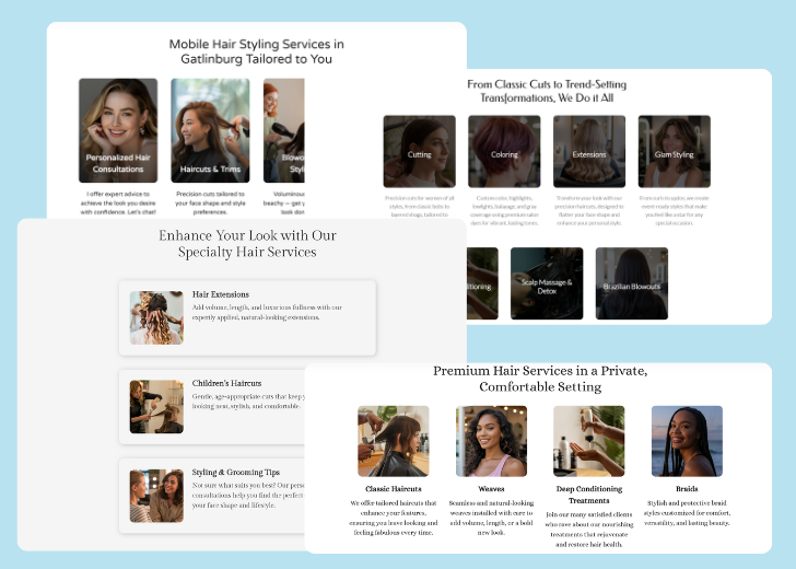 A collage of services section generated by Zarla showing different styles of service items, all having a picture, a title, and a brief description