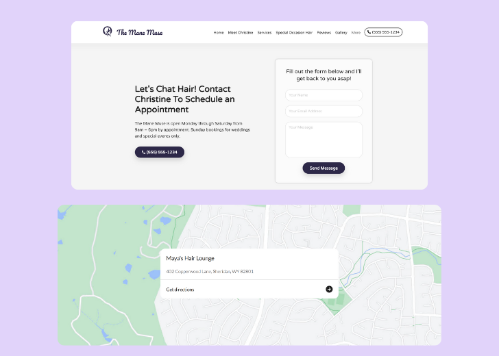 A screenshot of a header with navigation pills with contact number, a blue-colored primary button with contact number, and a 2D depiction of a map with a business address in the center