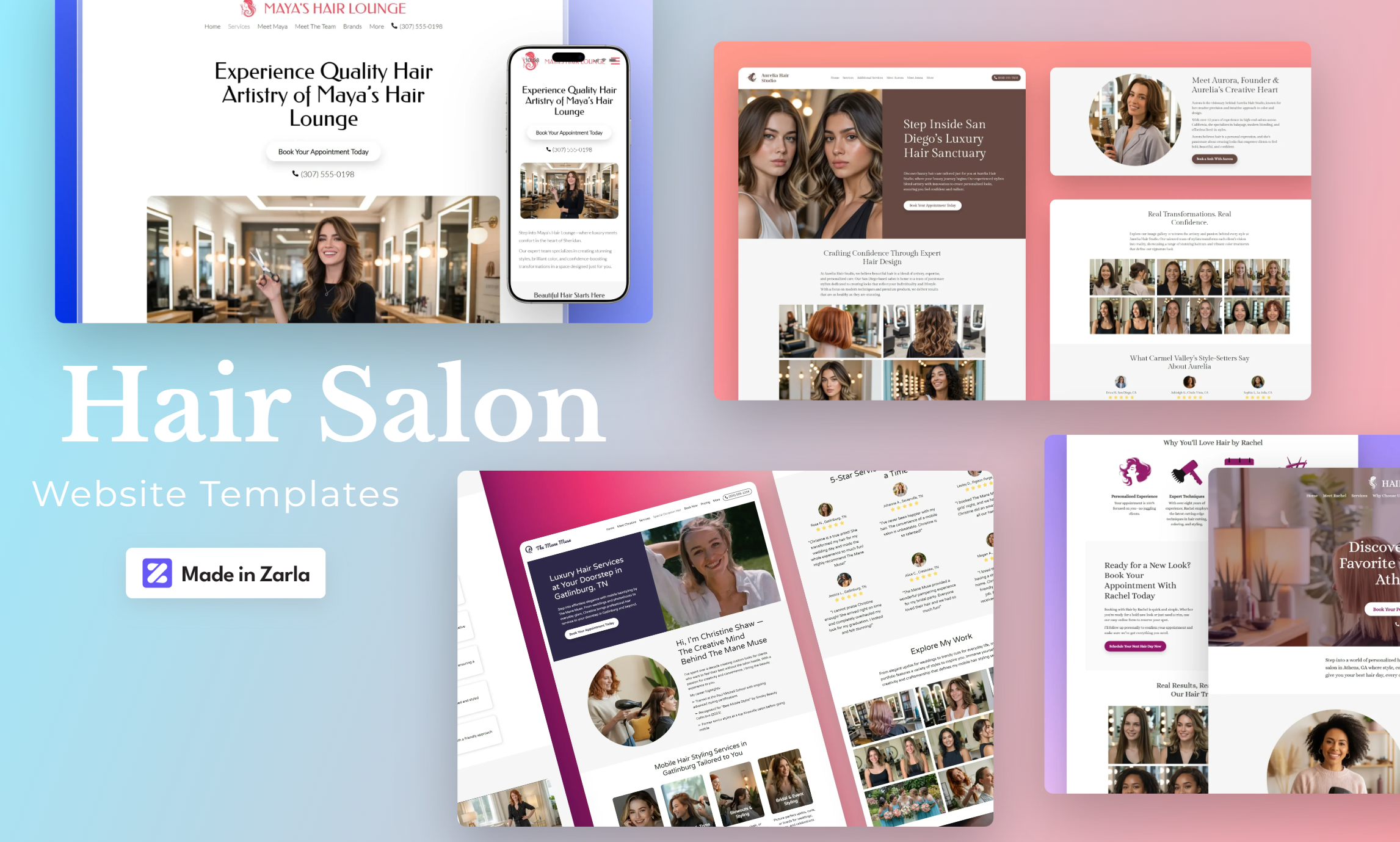 Preview of hair salon website templates created with Zarla