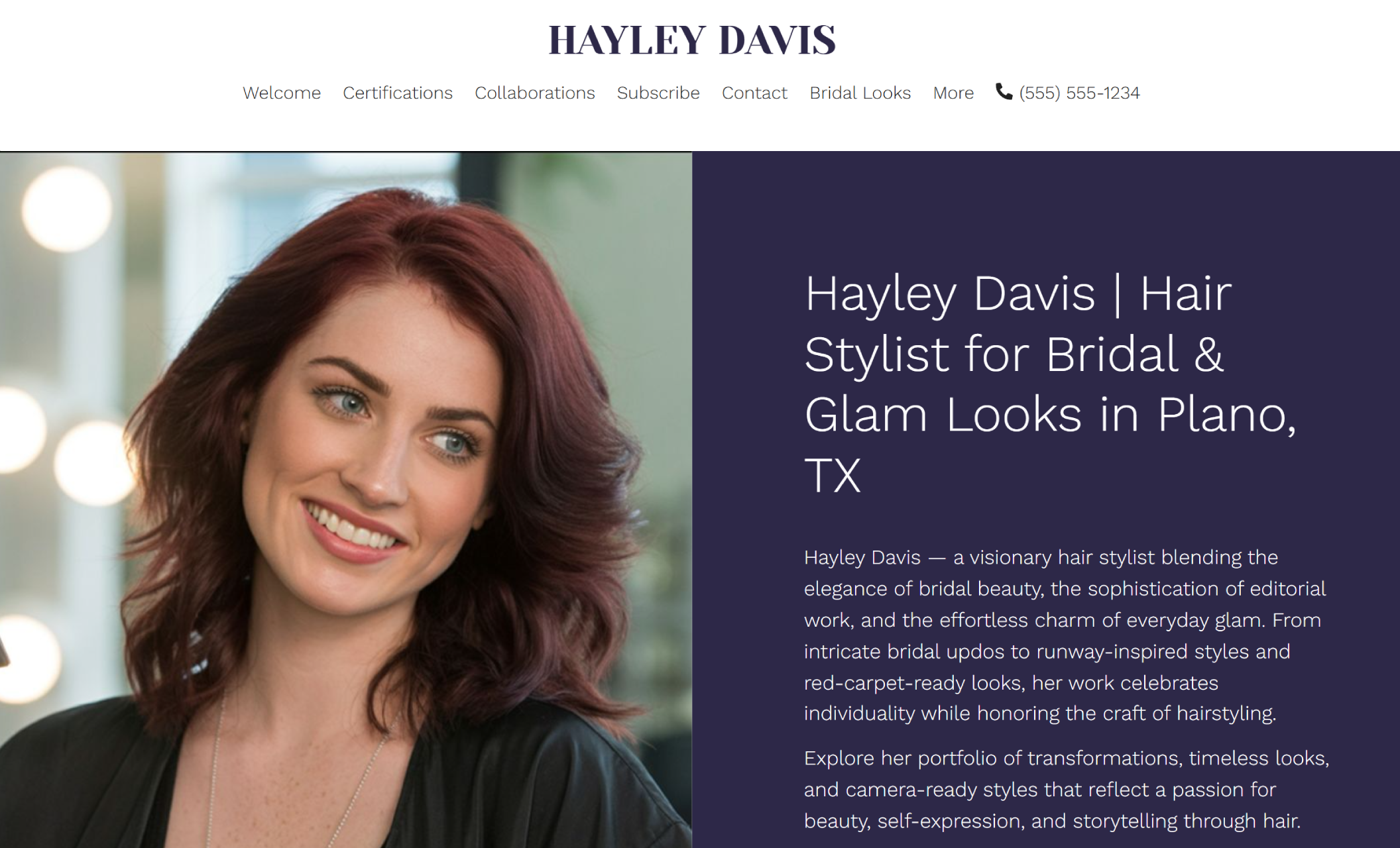 Hayley Davis homepage featuring a smiling hair stylist with red waves, next to a deep purple sidebar reading “Hayley Davis | Hair Stylist for Bridal & Glam Looks in Plano, TX” with an introductory paragraph about her style philosophy