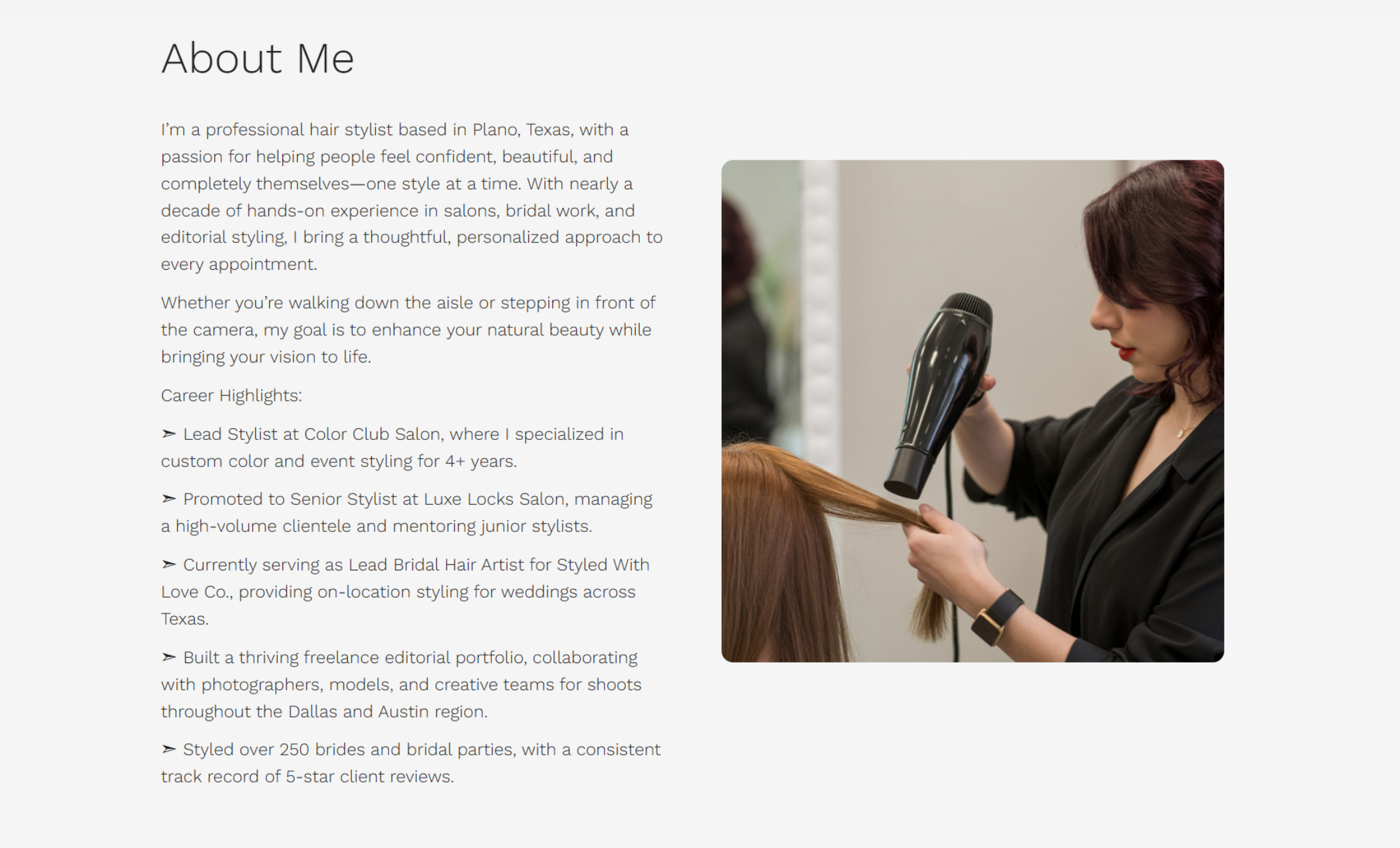 About Me section for Hayley Davis with a personal bio and career highlights on the left, and a photo on the right showing her blow-drying a client's hair in a clean, modern salon setting