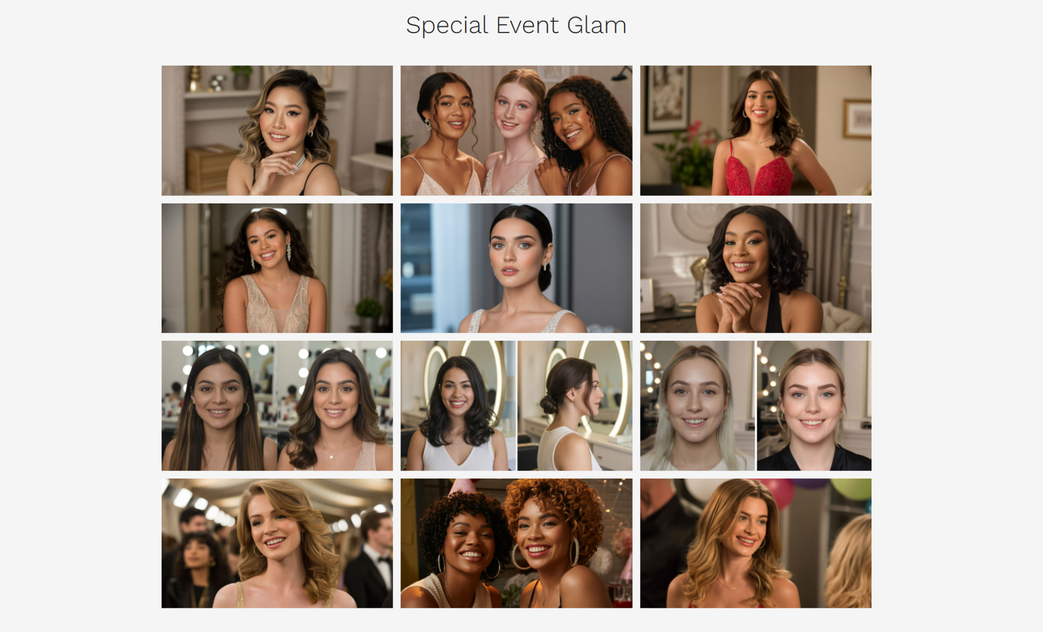 Portfolio section titled “Special Event Glam” showcasing a 4x4 grid of glowing client transformations, including bridesmaids, party guests, and red-carpet-inspired looks styled in soft waves, curls, and radiant makeup