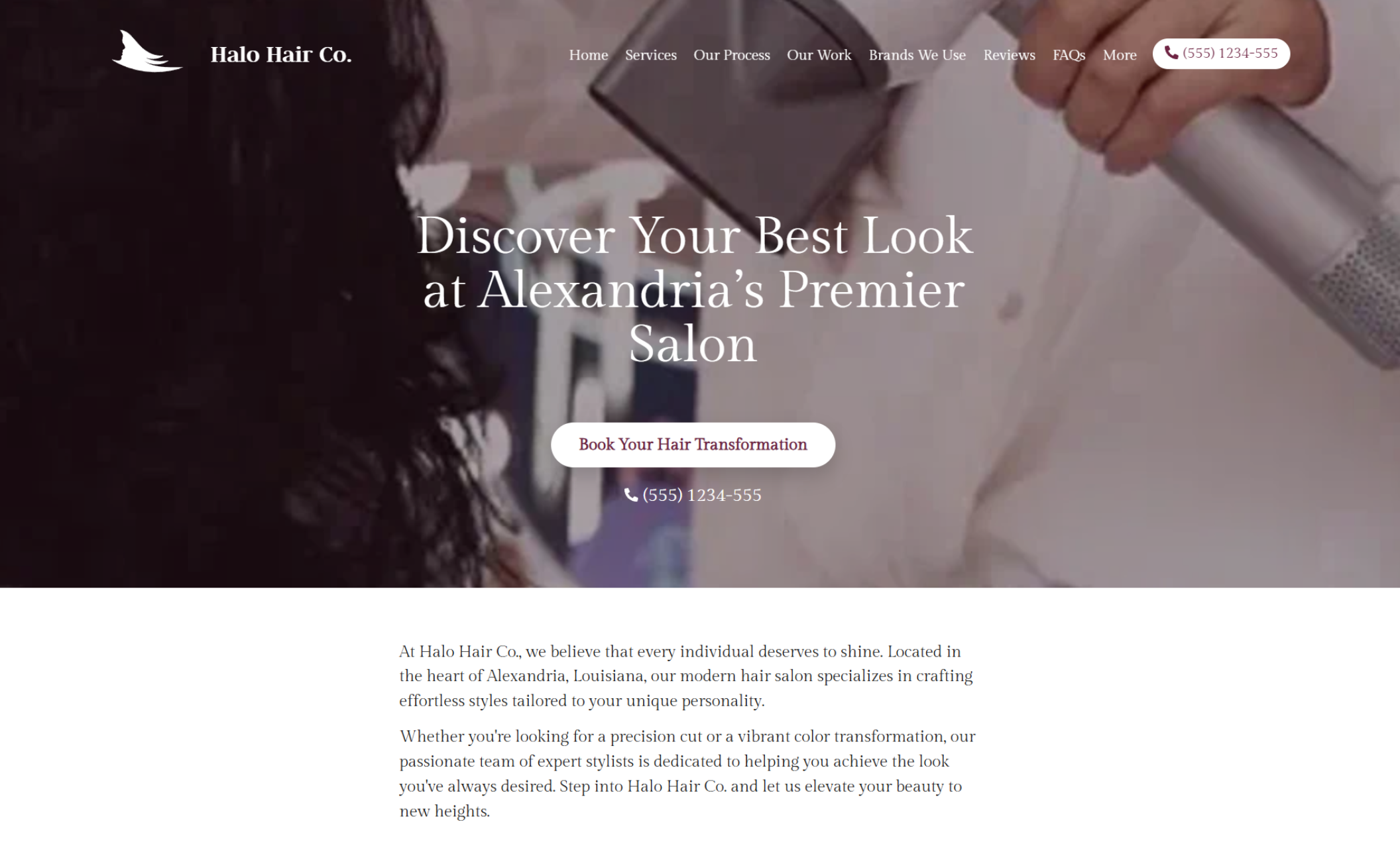 Halo Hair Co. homepage featuring a stylist blow-drying a client’s hair with the headline “Discover Your Best Look at Alexandria’s Premier Salon” and a burgundy “Book Your Hair Transformation” button