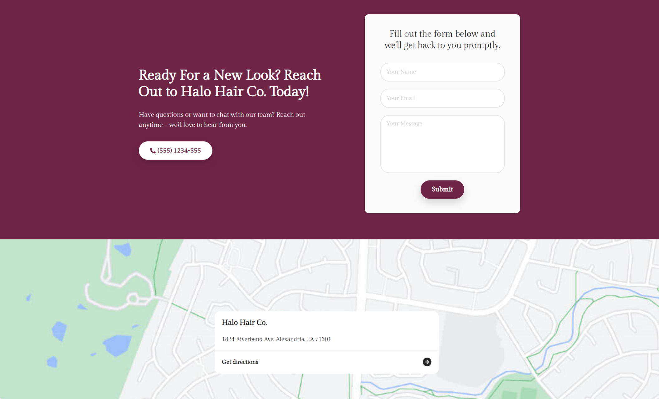 Halo Hair Co. contact section featuring a burgundy background with the headline “Ready For a New Look? Reach Out to Halo Hair Co. Today!” beside a contact form and a map showing the salon’s Alexandria location