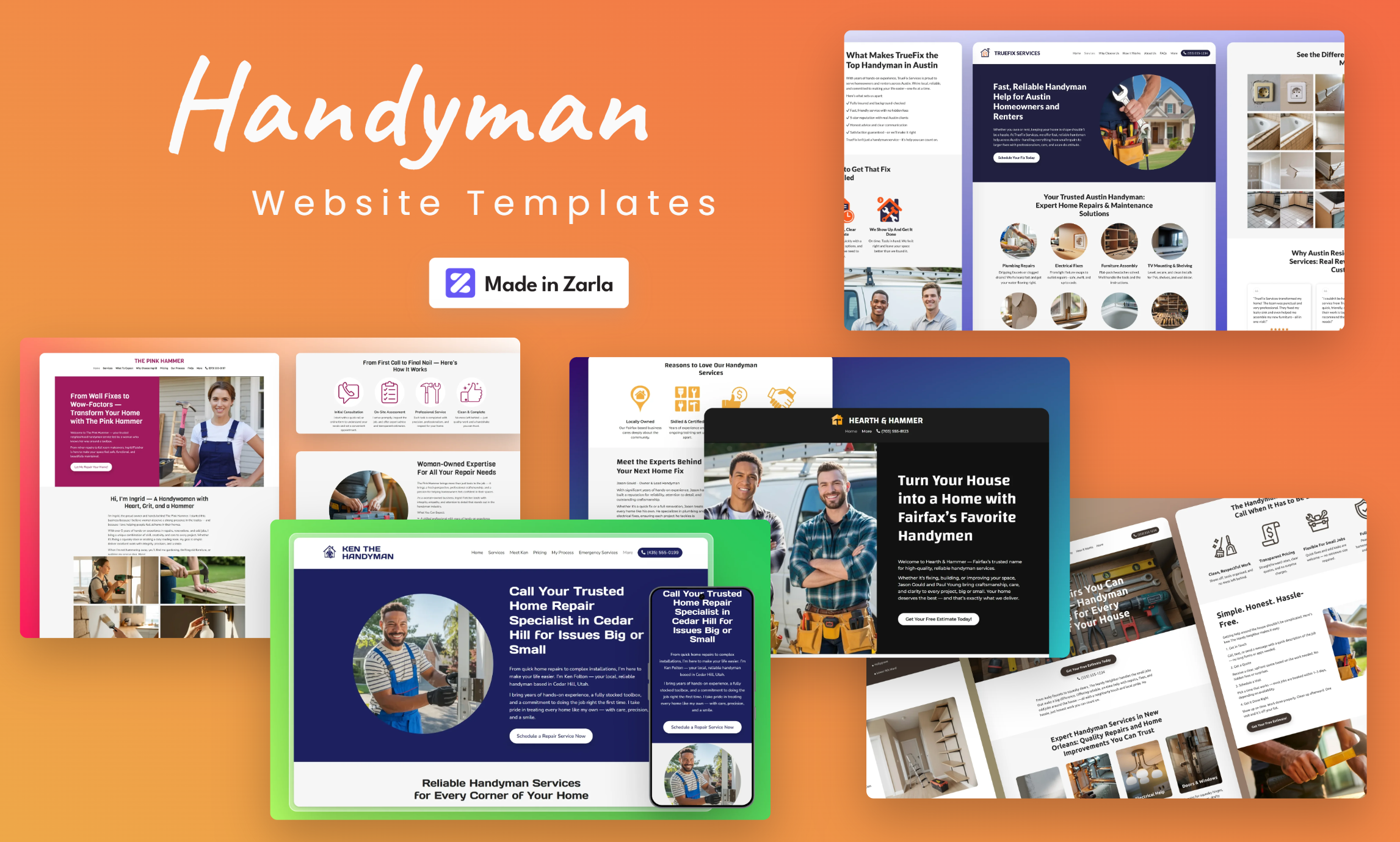 Collection of handyman website templates made with Zarla's AI website builder