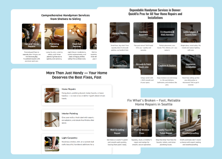 A collage of services section generated by Zarla showing different styles of service items, all having a picture, a title, and a brief description