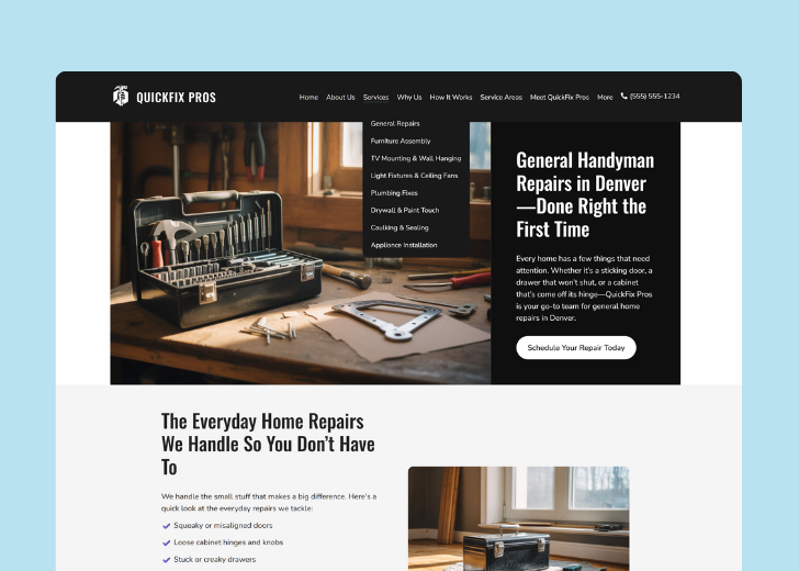 Spotless Touch landing page of a specific service titled 'Post Construction Cleaning' with a contact form on the side
