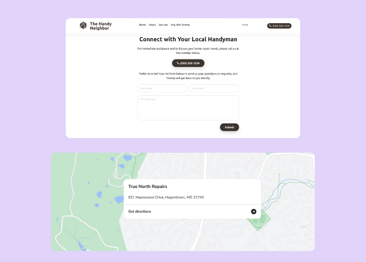 A screenshot of a header with navigation pills with contact number, a blue-colored primary button with contact number, and a 2D depiction of a map with a business address in the center