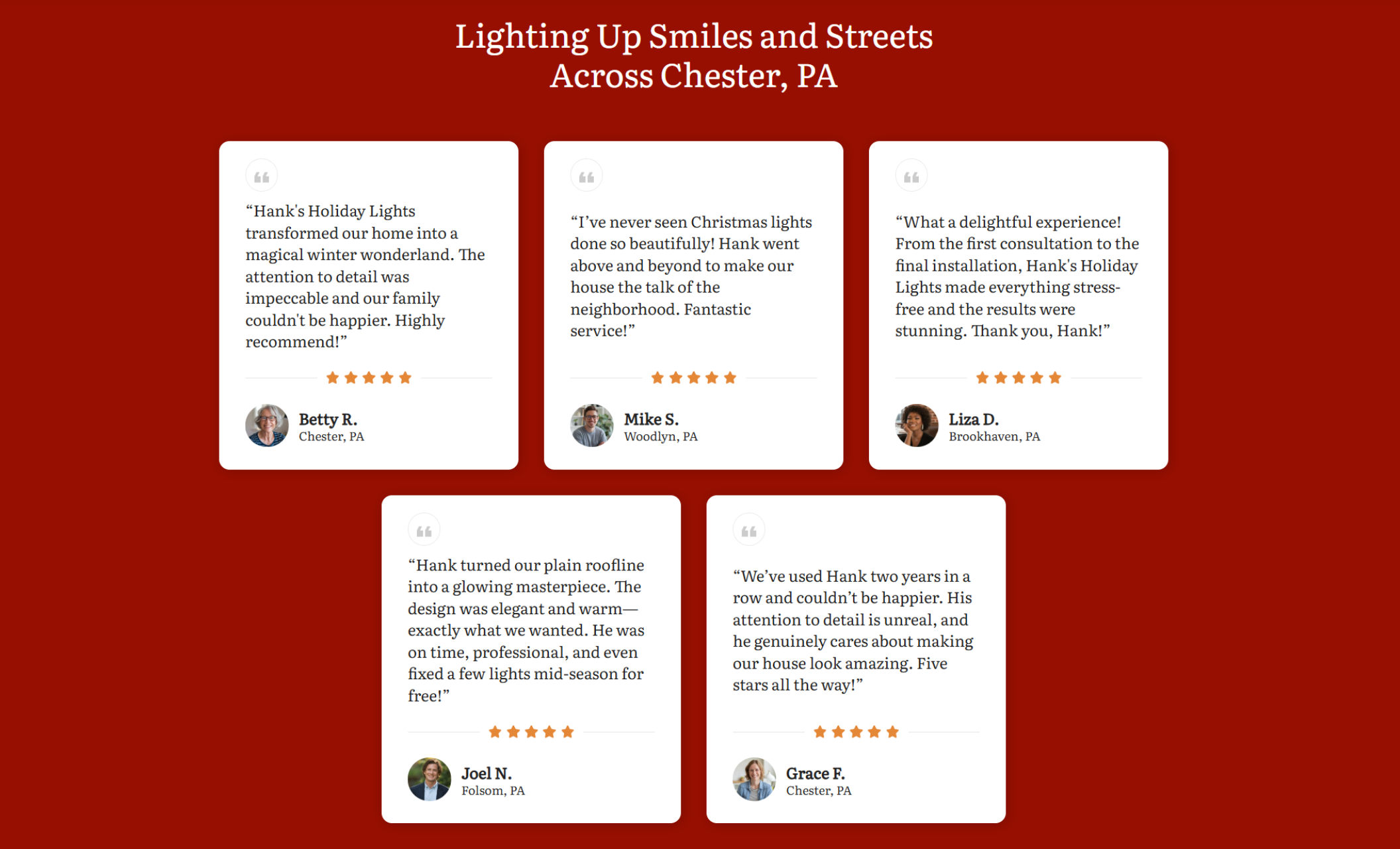 Hank’s Holiday Lights reviews section titled “Lighting Up Smiles and Streets Across Chester, PA,” displaying five customer testimonials in white cards with photos, star ratings, and client names like Betty R. and Mike S