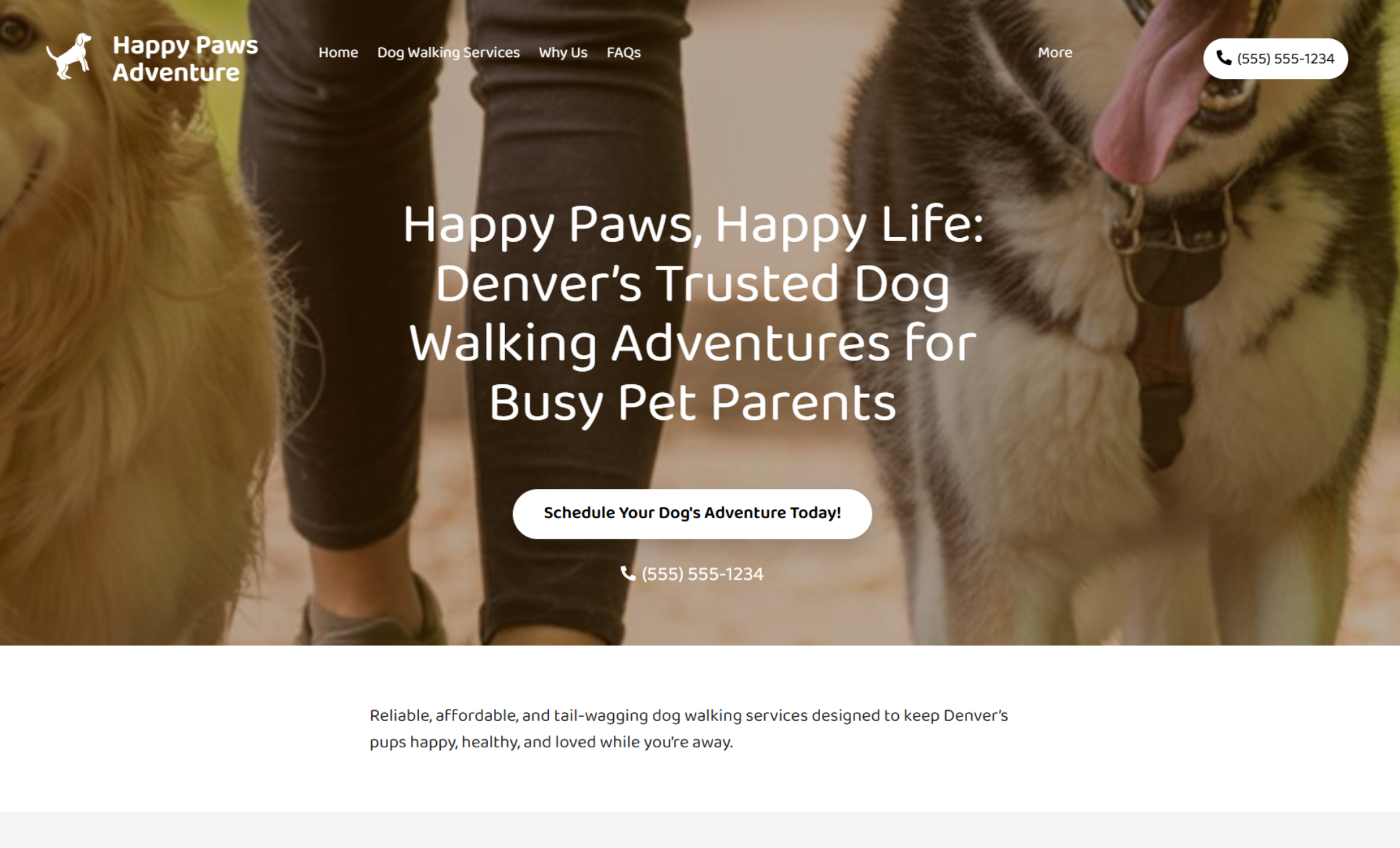 Happy Paws Adventure homepage hero image showing two dogs walking with their owner, overlaid with the headline “Happy Paws, Happy Life: Denver’s Trusted Dog Walking Adventures for Busy Pet Parents” and a white button that says “Schedule Your Dog’s Adventure Today.”