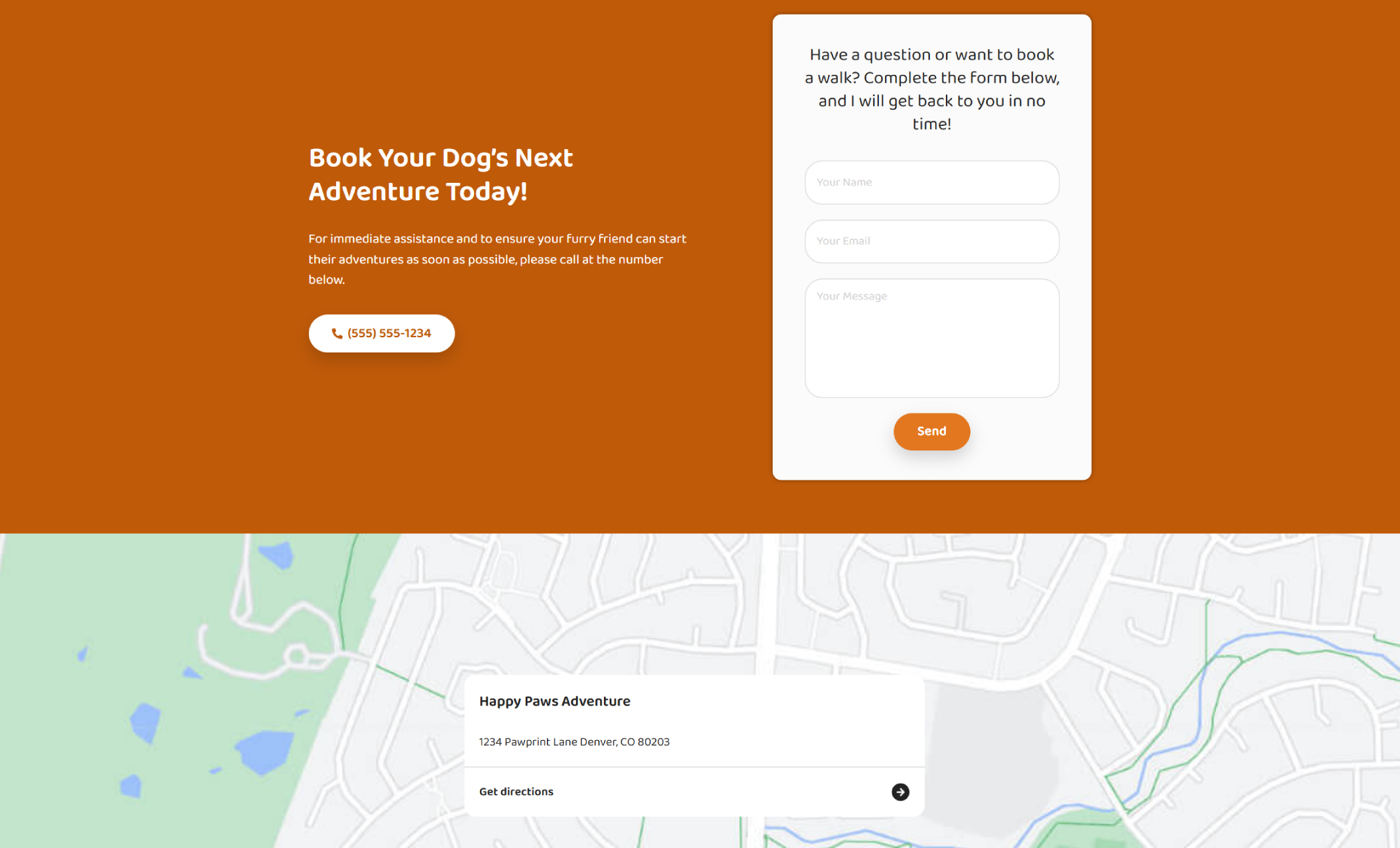 Happy Paws Adventure contact section featuring an orange background with a booking form on the right, a call-to-action headline “Book Your Dog’s Next Adventure Today!” on the left, and a map of the Denver location below