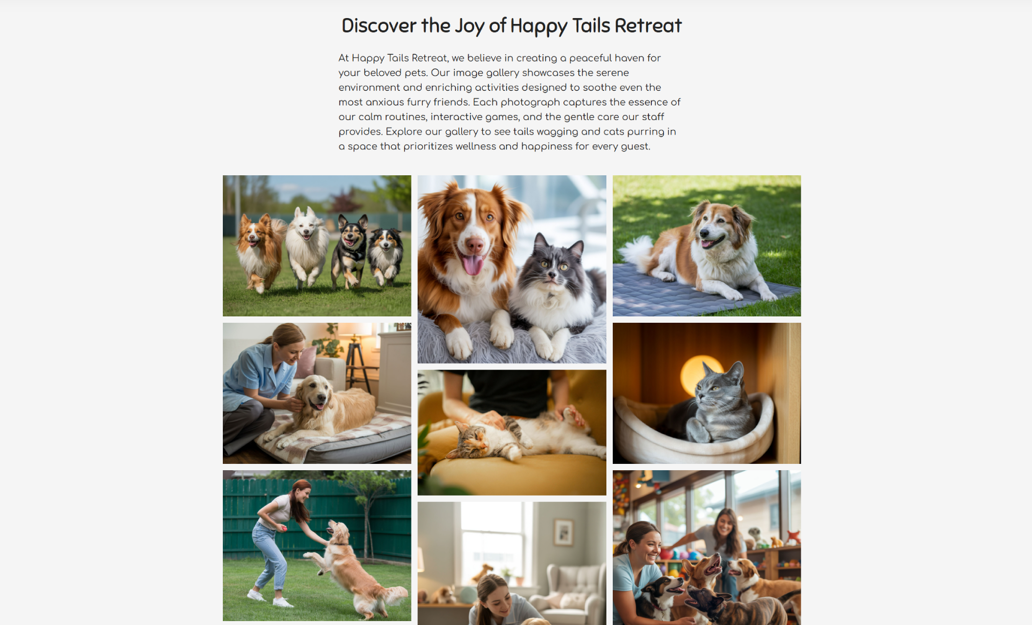 Happy Tails Retreat gallery page showcasing a grid of joyful photos including running dogs, relaxed cats, enrichment activities, and staff-pet interactions beneath the headline “Discover the Joy of Happy Tails Retreat.”