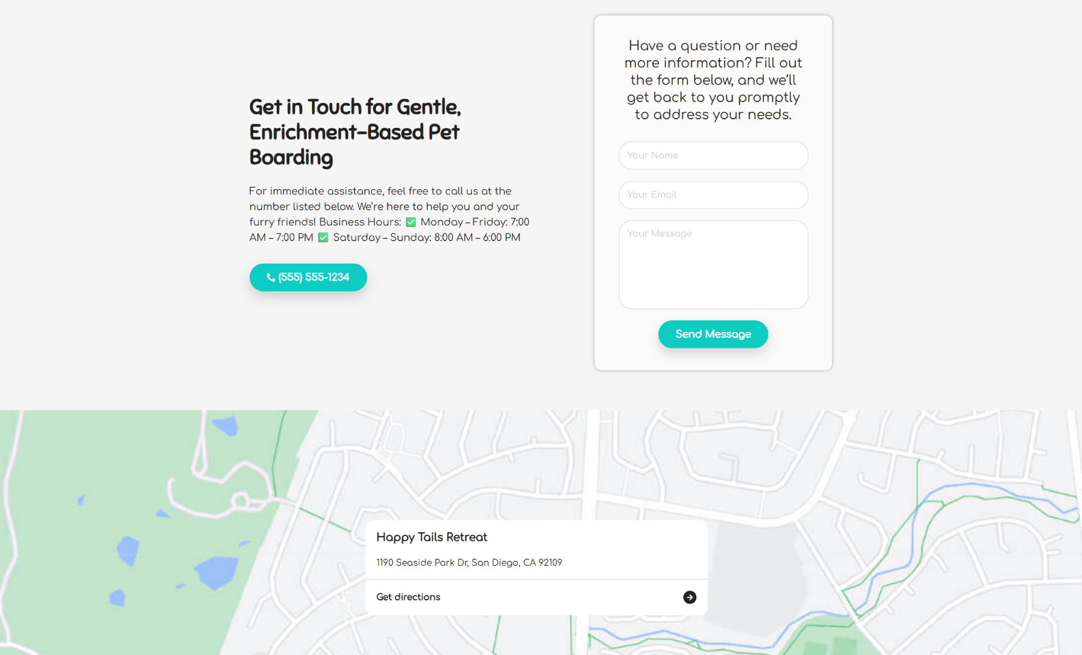 The Happy Tails Retreat contact section featuring a teal call-button, business hours checklist, and a clean white contact form beside a map preview of the San Diego location