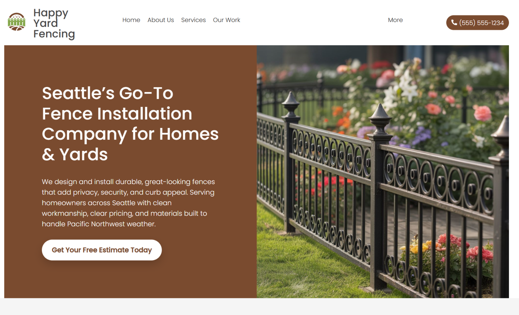 Happy Yard Fencing homepage hero featuring the headline “Seattle’s Go-To Fence Installation Company for Homes & Yards,” a white “Get Your Free Estimate Today” button, and a large photo of a decorative black metal fence in a garden