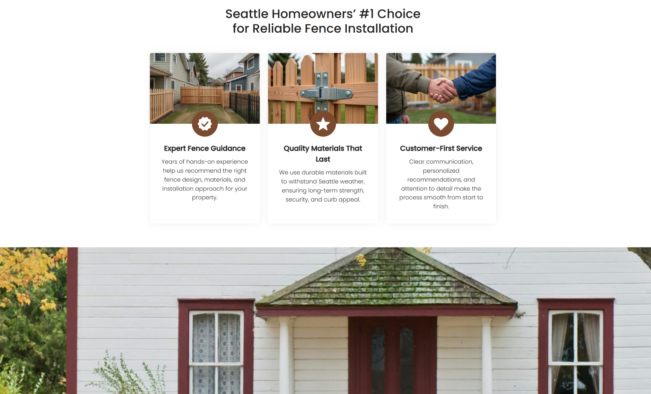 Happy Yard Fencing “Seattle Homeowners’ #1 Choice for Reliable Fence Installation” section featuring three service cards for Expert Fence Guidance, Quality Materials That Last, and Customer-First Service with photos of a backyard fence, a gate latch close-up, and a customer handshake