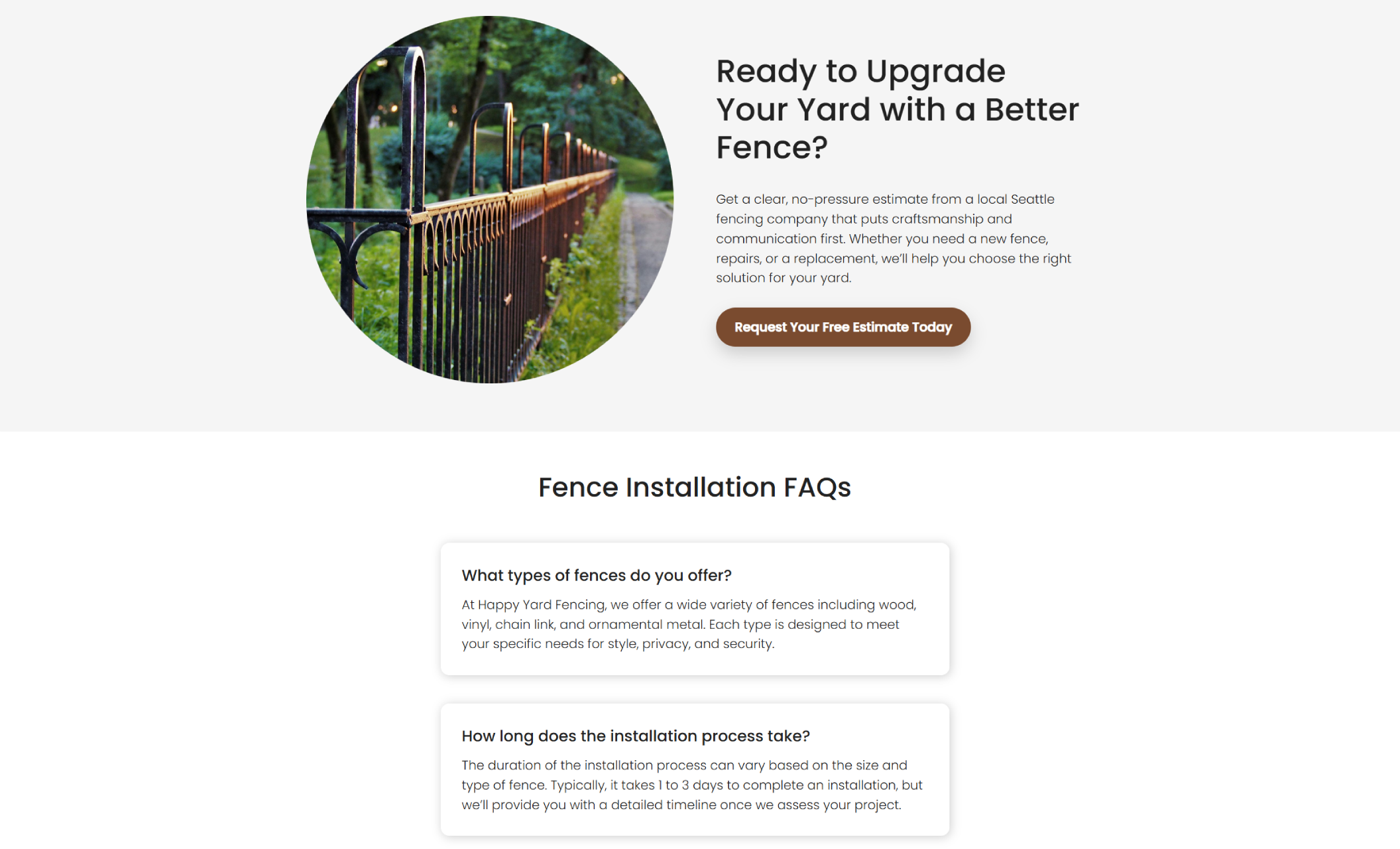 Happy Yard Fencing call-to-action section featuring a circular photo of a black metal fence beside the headline “Ready to Upgrade Your Yard with a Better Fence?” with a “Request Your Free Estimate Today” button above a “Fence Installation FAQs” accordion