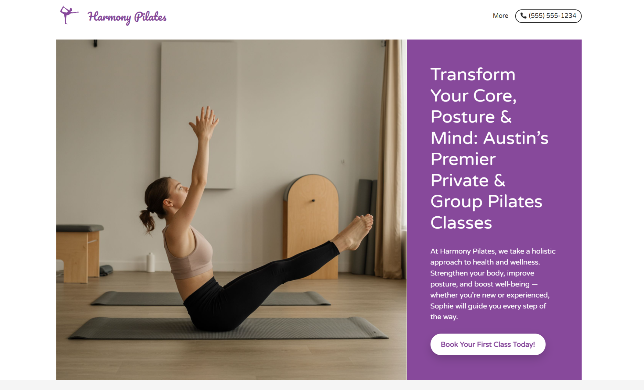 Harmony Pilates homepage featuring a woman performing a seated Pilates pose on a mat, beside the headline “Transform Your Core, Posture & Mind: Austin’s Premier Private & Group Pilates Classes” with a purple button that says “Book Your First Class Today.”