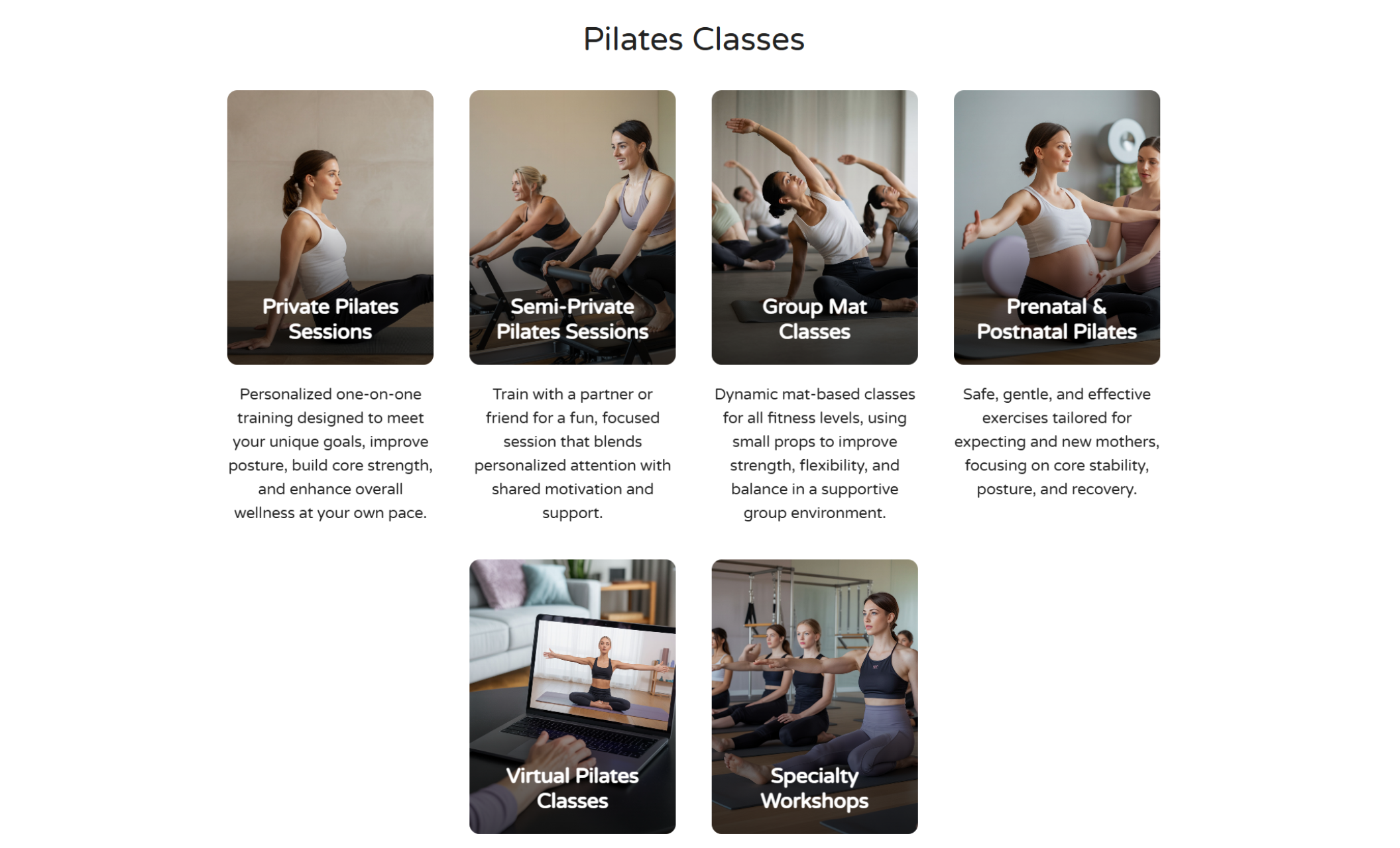 Harmony Pilates classes page showing six photo tiles for Private Sessions, Semi-Private Sessions, Group Mat Classes, Prenatal & Postnatal Pilates, Virtual Pilates Classes, and Specialty Workshops, each with a brief description beneath