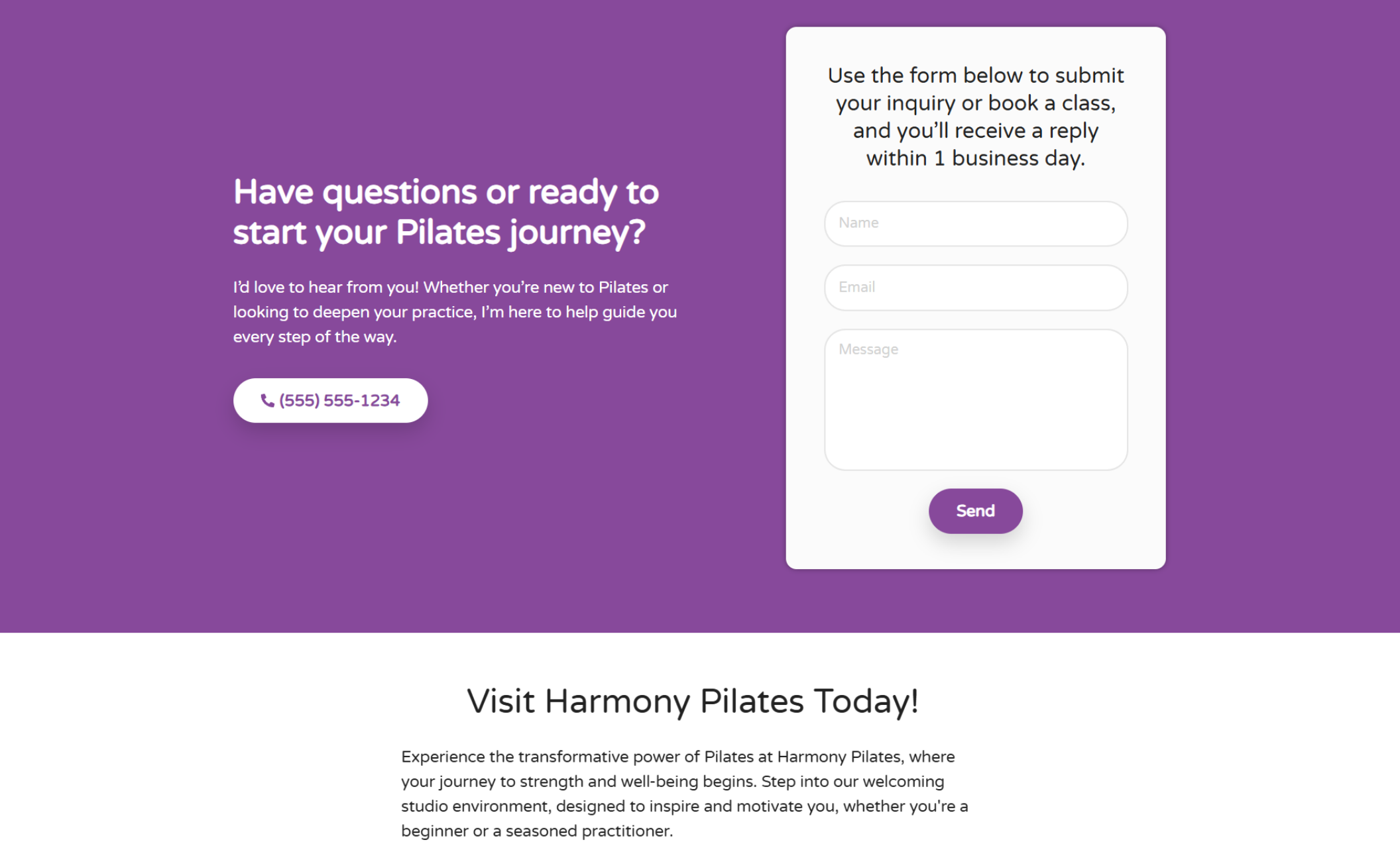 Harmony Pilates contact page with a purple background, white headline “Have questions or ready to start your Pilates journey?” a phone button, and a white inquiry form asking for name, email, and message