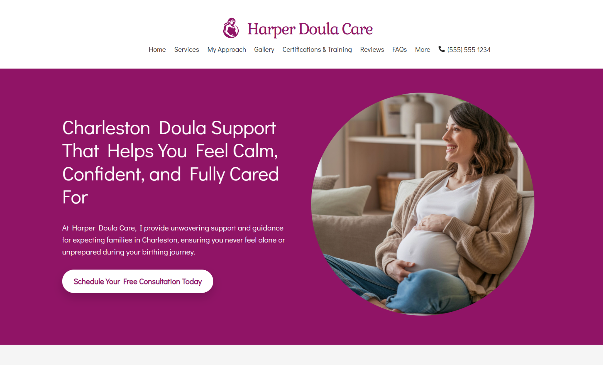 Harper Doula Care homepage hero displaying “Charleston Doula Support That Helps You Feel Calm, Confident, and Fully Cared For” alongside a circular image of a smiling pregnant woman and a “Schedule Your Free Consultation Today” button