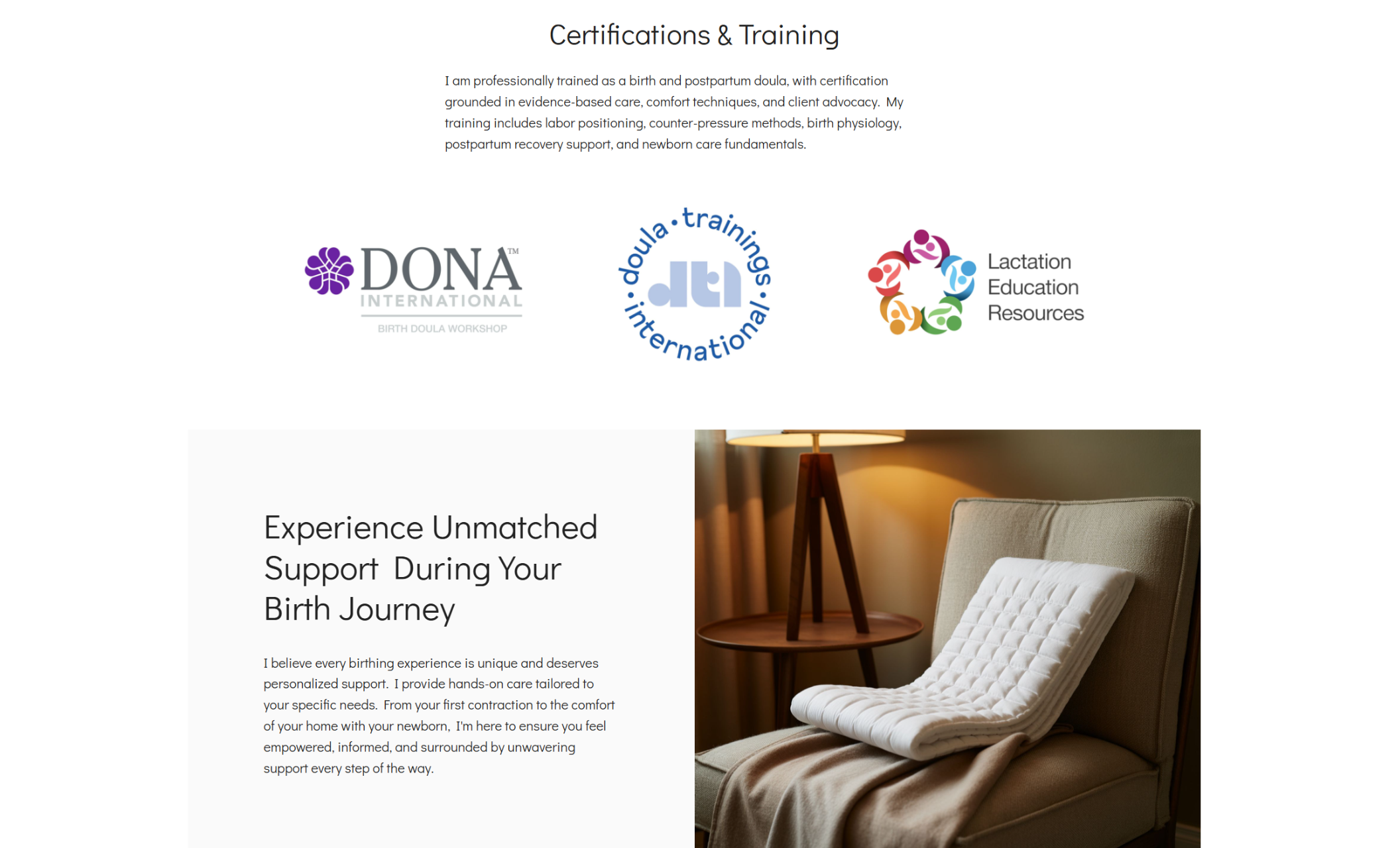 Harper Doula Care certifications page titled “Certifications & Training,” showcasing DONA International, DTI (Doula Trainings International), and Lactation Education Resources logos above a warm-toned image of a cozy chair with a folded blanket